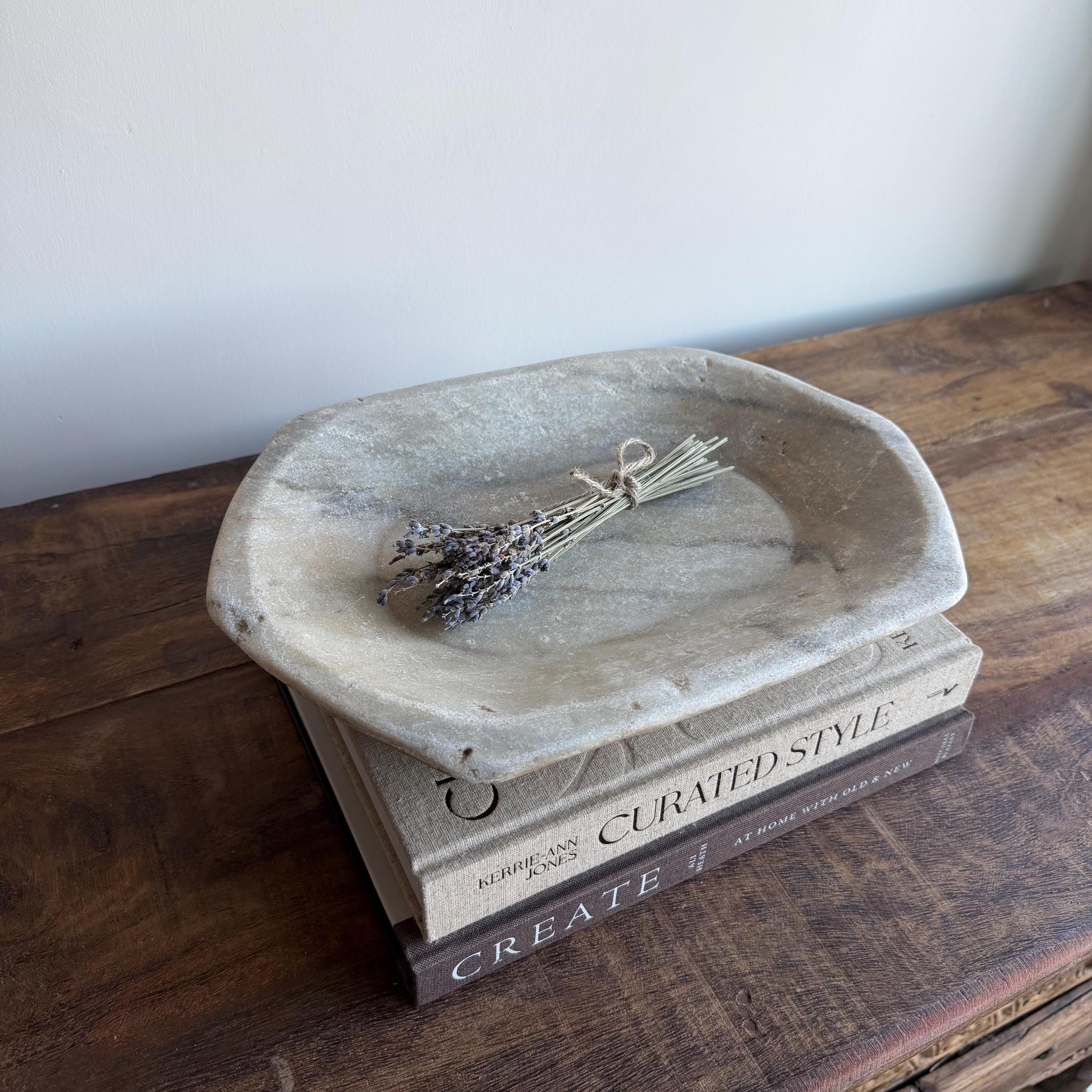 Vintage Marble Kharal Stone Tray, Antique Limestone Carved Oval Tray, Primitive Marble Centerpiece - Project Kalaā