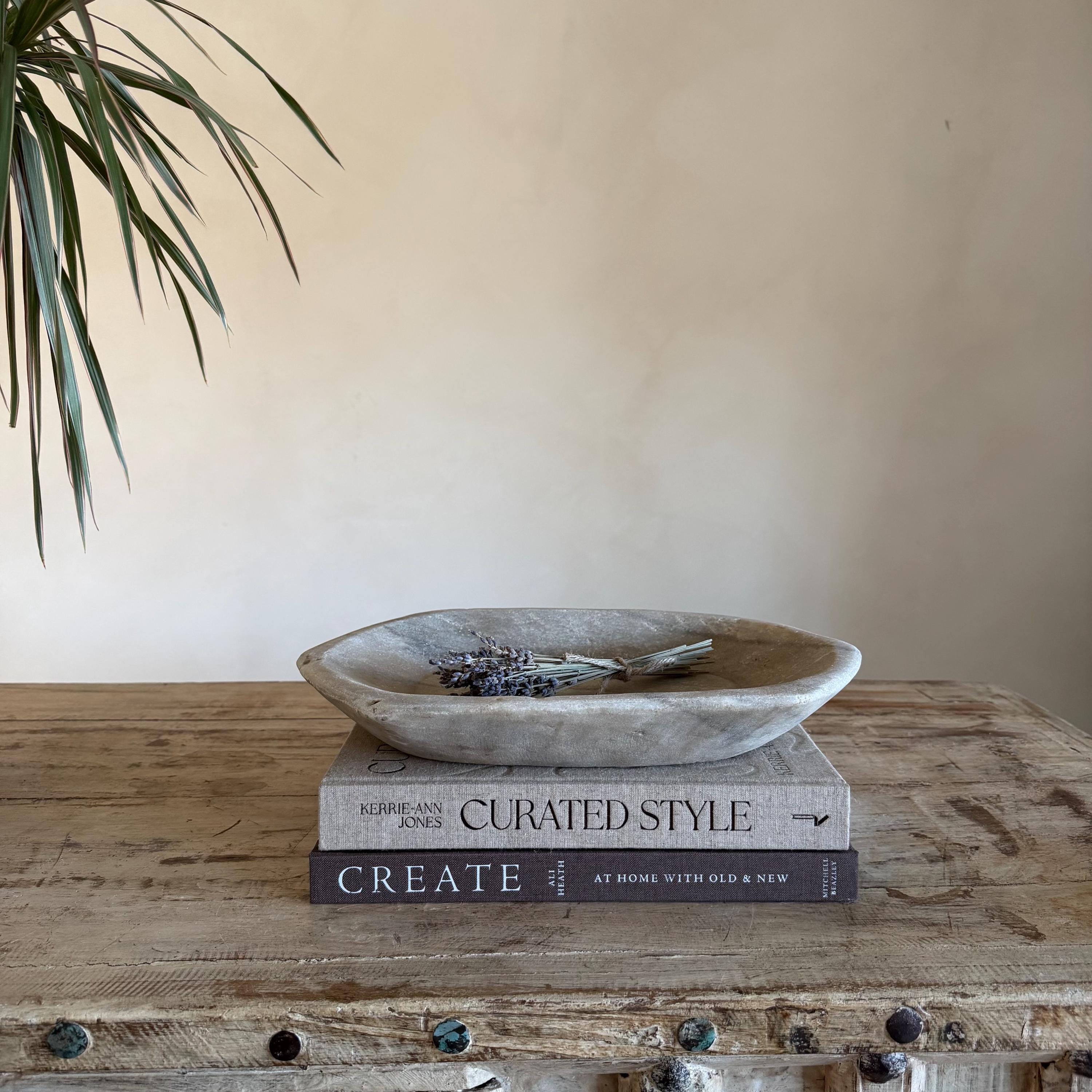 Vintage Marble Kharal Stone Tray, Antique Limestone Carved Oval Tray, Primitive Marble Centerpiece - Project Kalaā