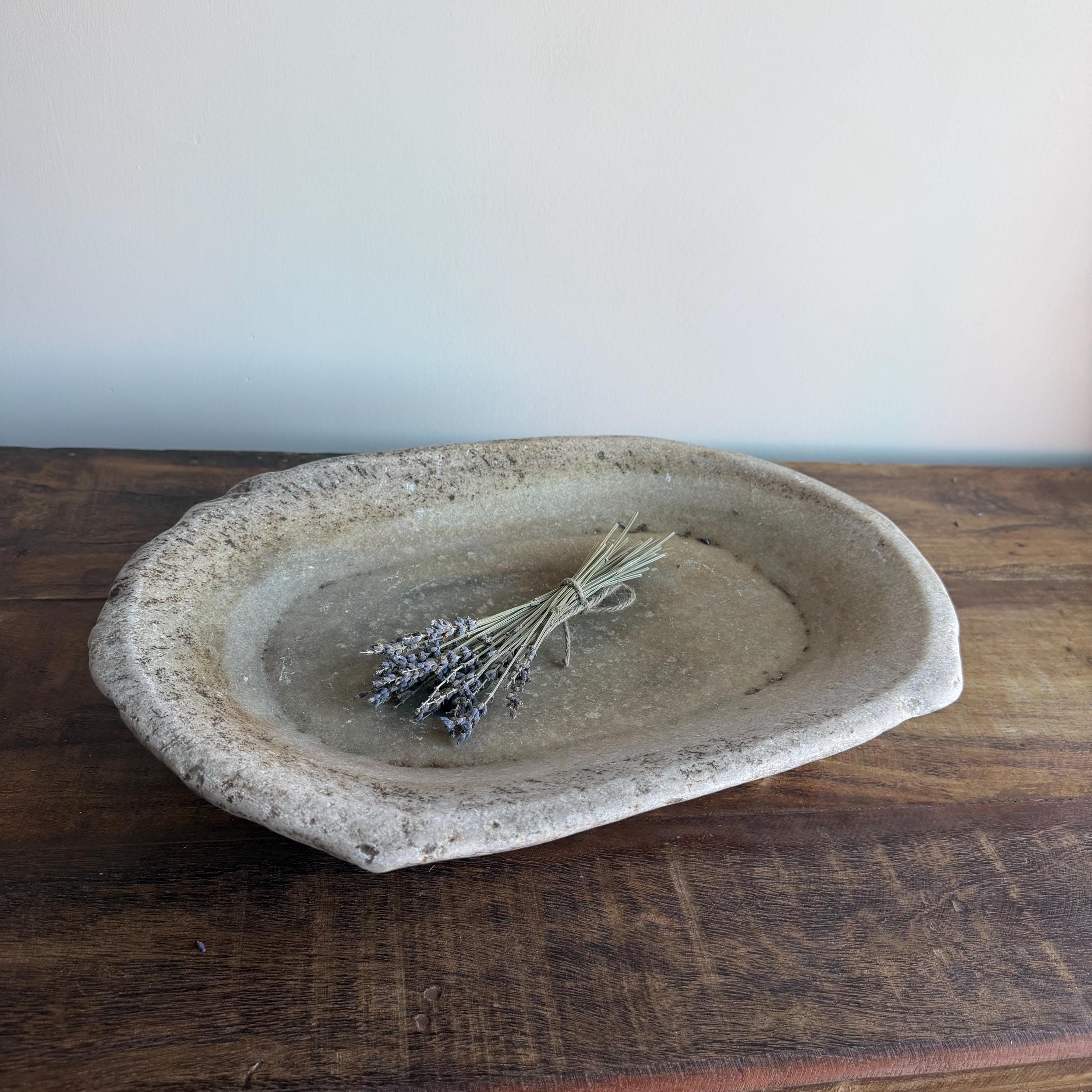Vintage Marble Kharal Stone Tray, Antique Limestone Carved Oval Tray, Primitive Marble Centerpiece - Project Kalaā