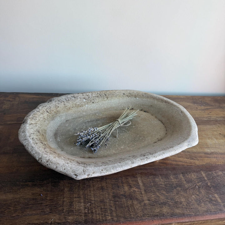 Vintage Marble Kharal Stone Tray, Antique Limestone Carved Oval Tray, Primitive Marble Centerpiece - Project Kalaā