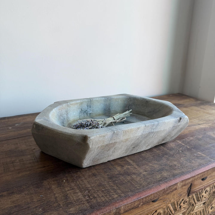 Vintage Marble Kharal Stone Tray, Antique Limestone Carved Oval Tray, Primitive Marble Centerpiece - Project Kalaā