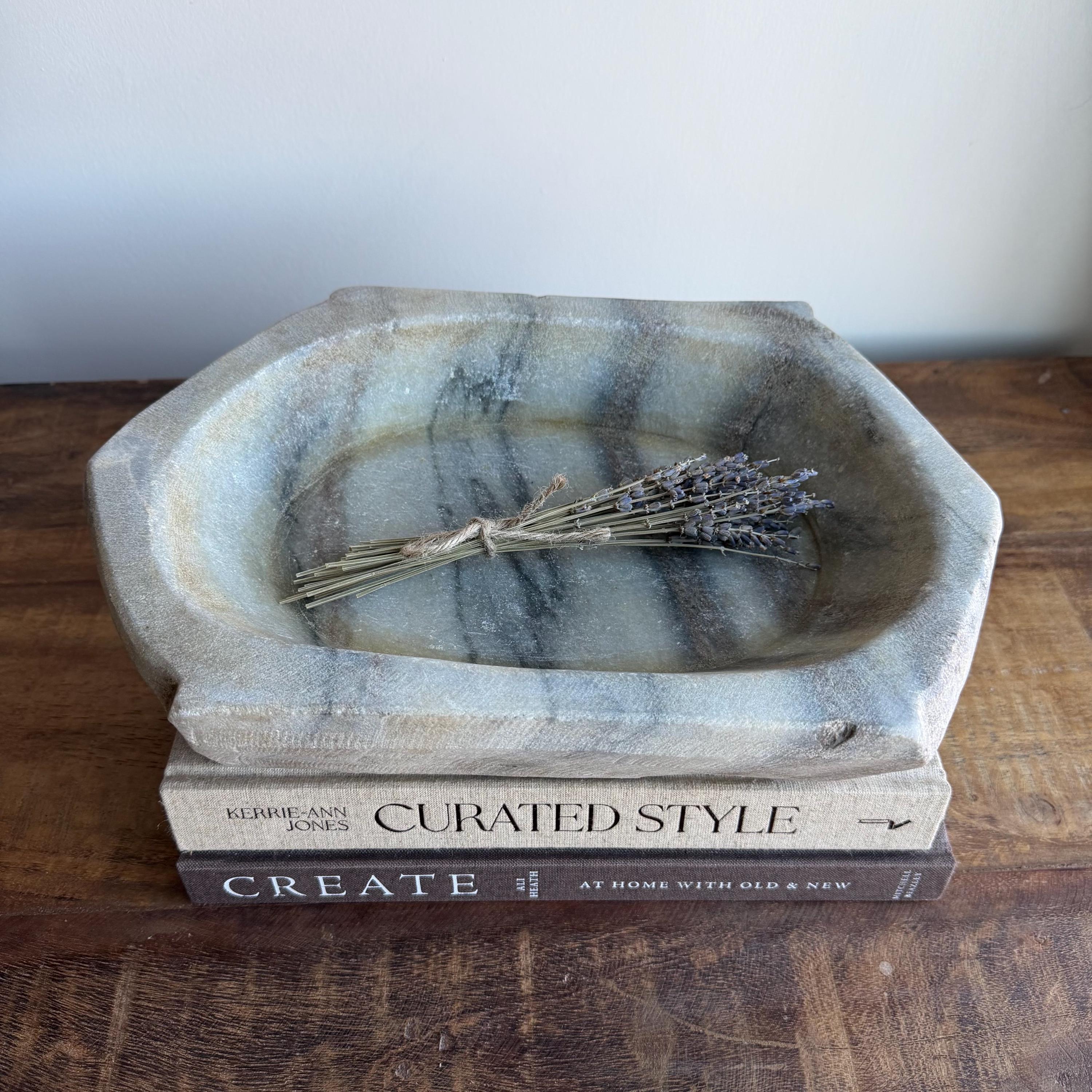 Vintage Marble Kharal Stone Tray, Antique Limestone Carved Oval Tray, Primitive Marble Centerpiece - Project Kalaā