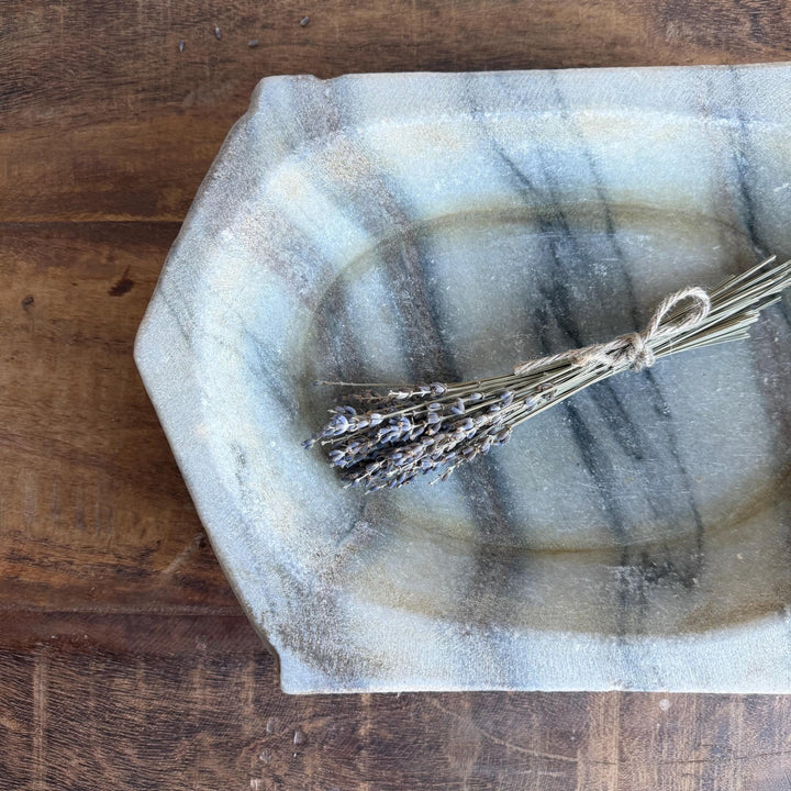 Vintage Marble Kharal Stone Tray, Antique Limestone Carved Oval Tray, Primitive Marble Centerpiece - Project Kalaā
