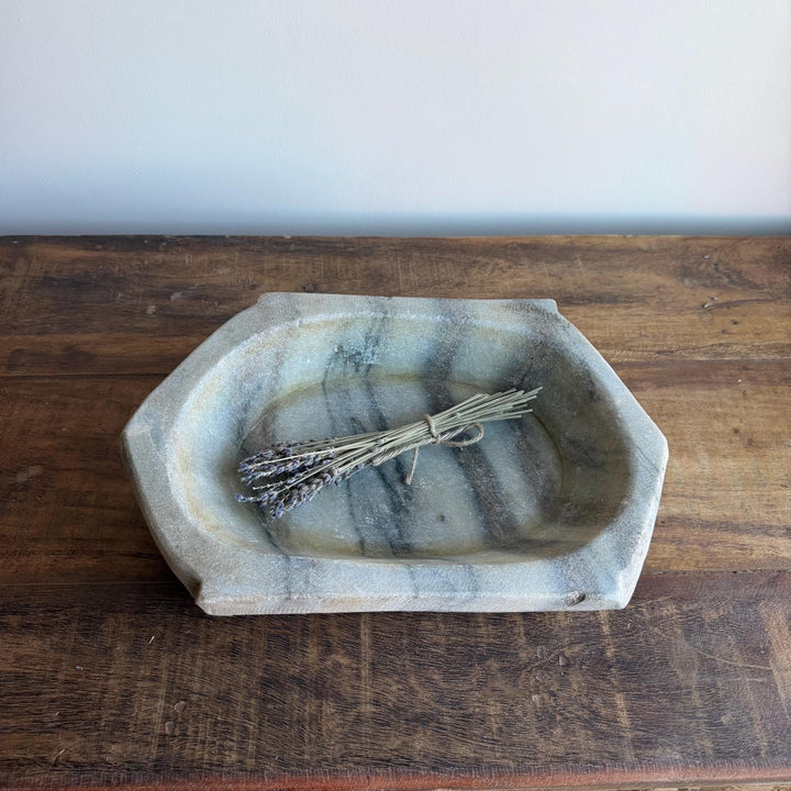Vintage Marble Kharal Stone Tray, Antique Limestone Carved Oval Tray, Primitive Marble Centerpiece - Project Kalaā
