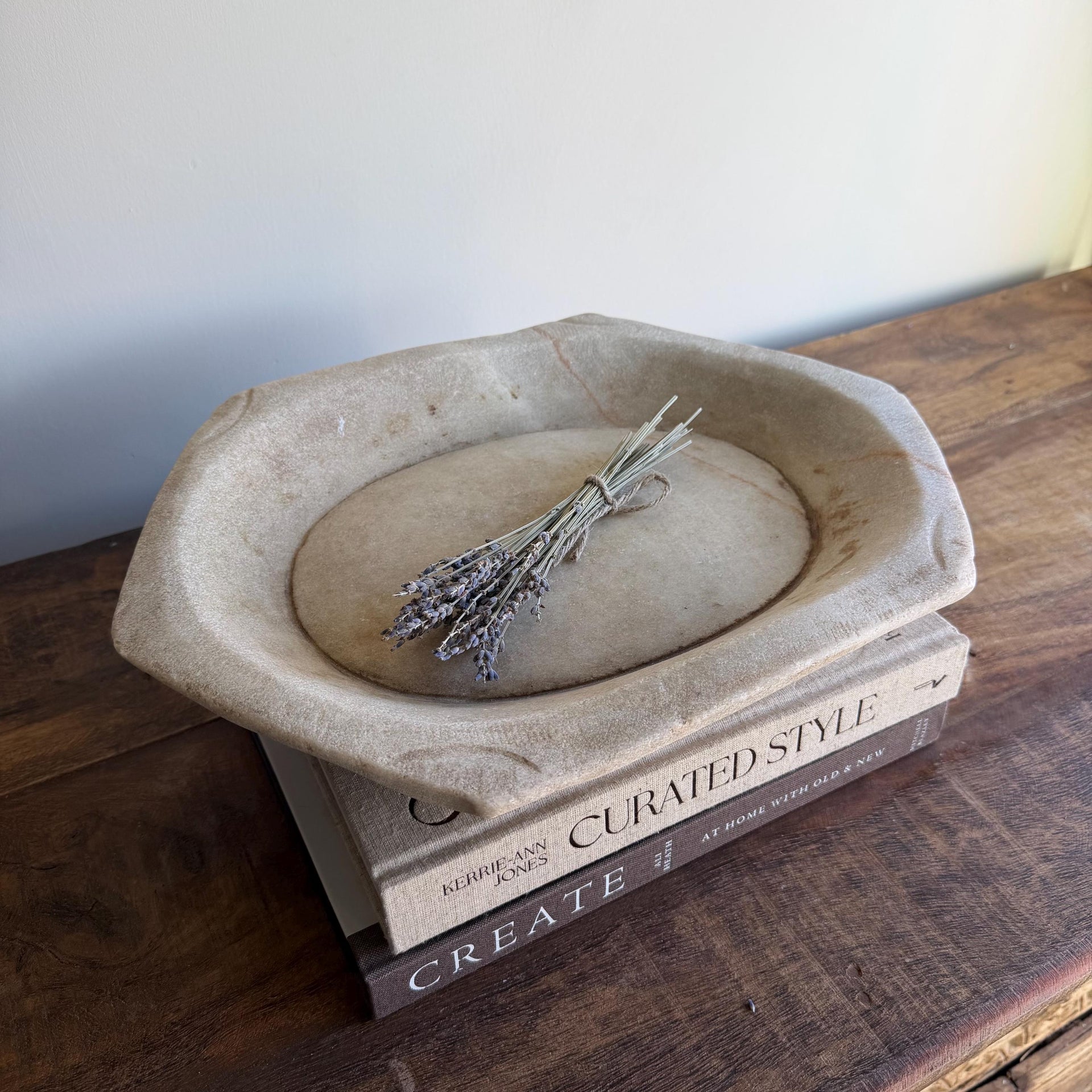 Vintage Marble Kharal Stone Tray, Antique Limestone Carved Oval Tray, Primitive Marble Centerpiece - Project Kalaā