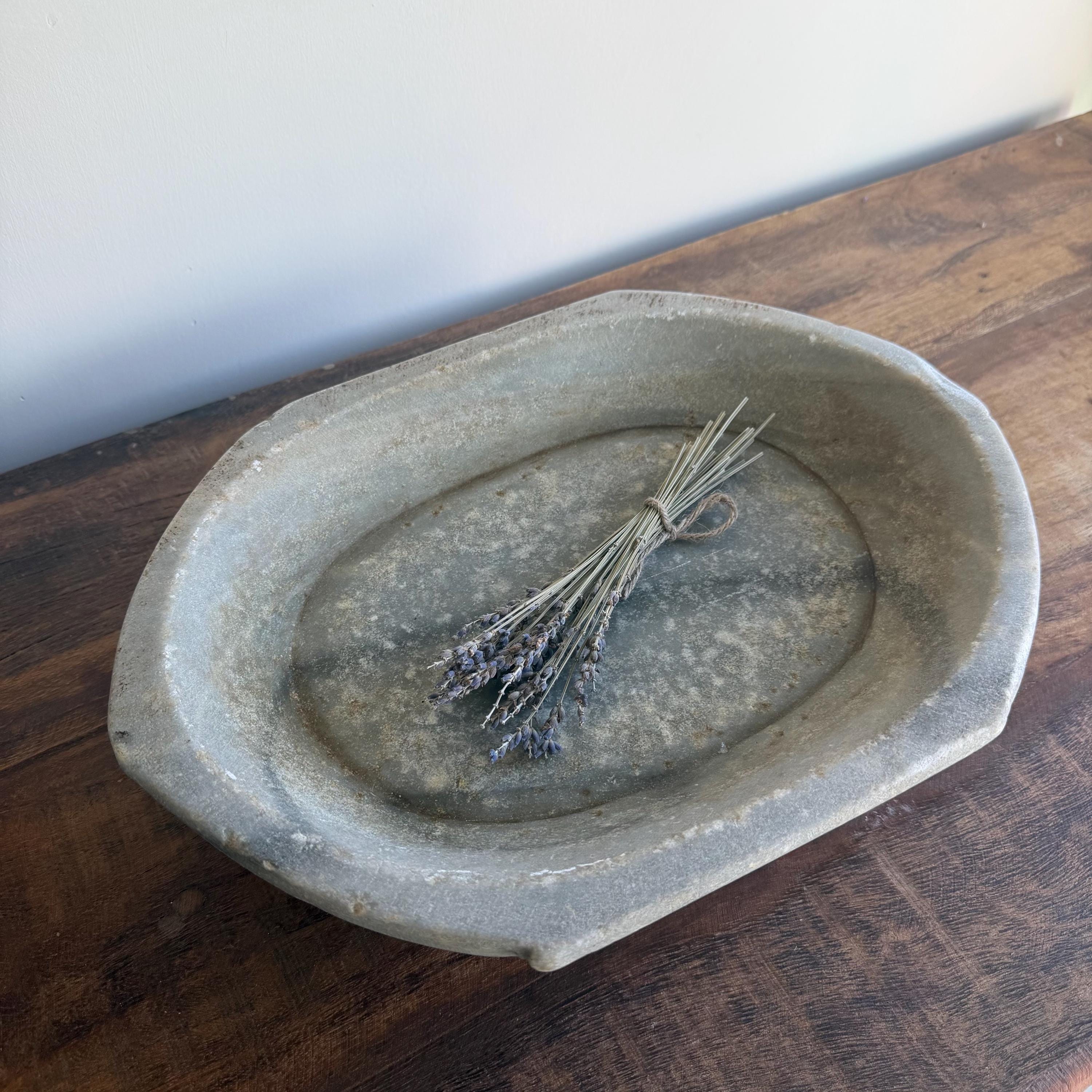 Vintage Marble Kharal Stone Tray, Antique Limestone Carved Oval Tray, Primitive Marble Centerpiece - Project Kalaā