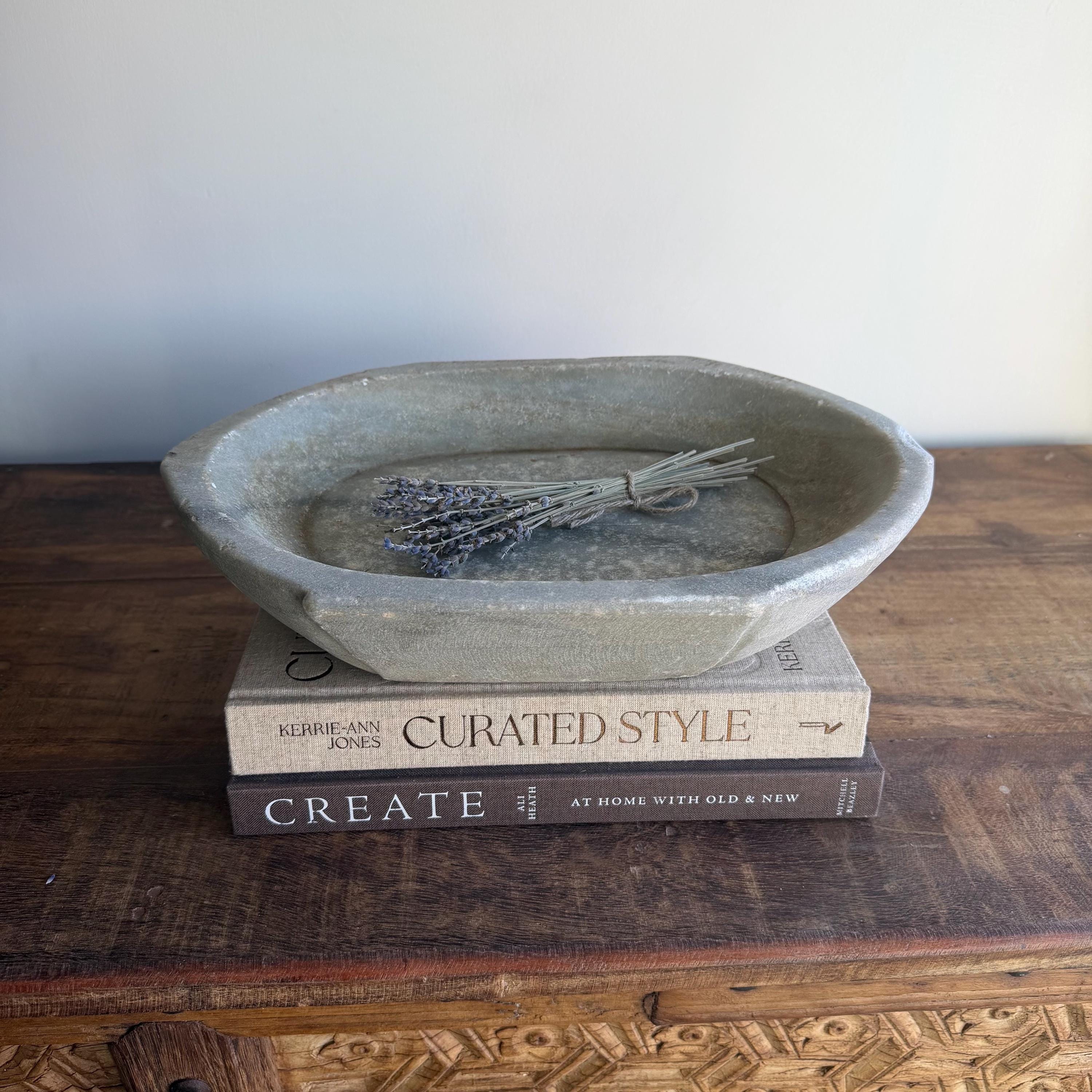 Vintage Marble Kharal Stone Tray, Antique Limestone Carved Oval Tray, Primitive Marble Centerpiece - Project Kalaā