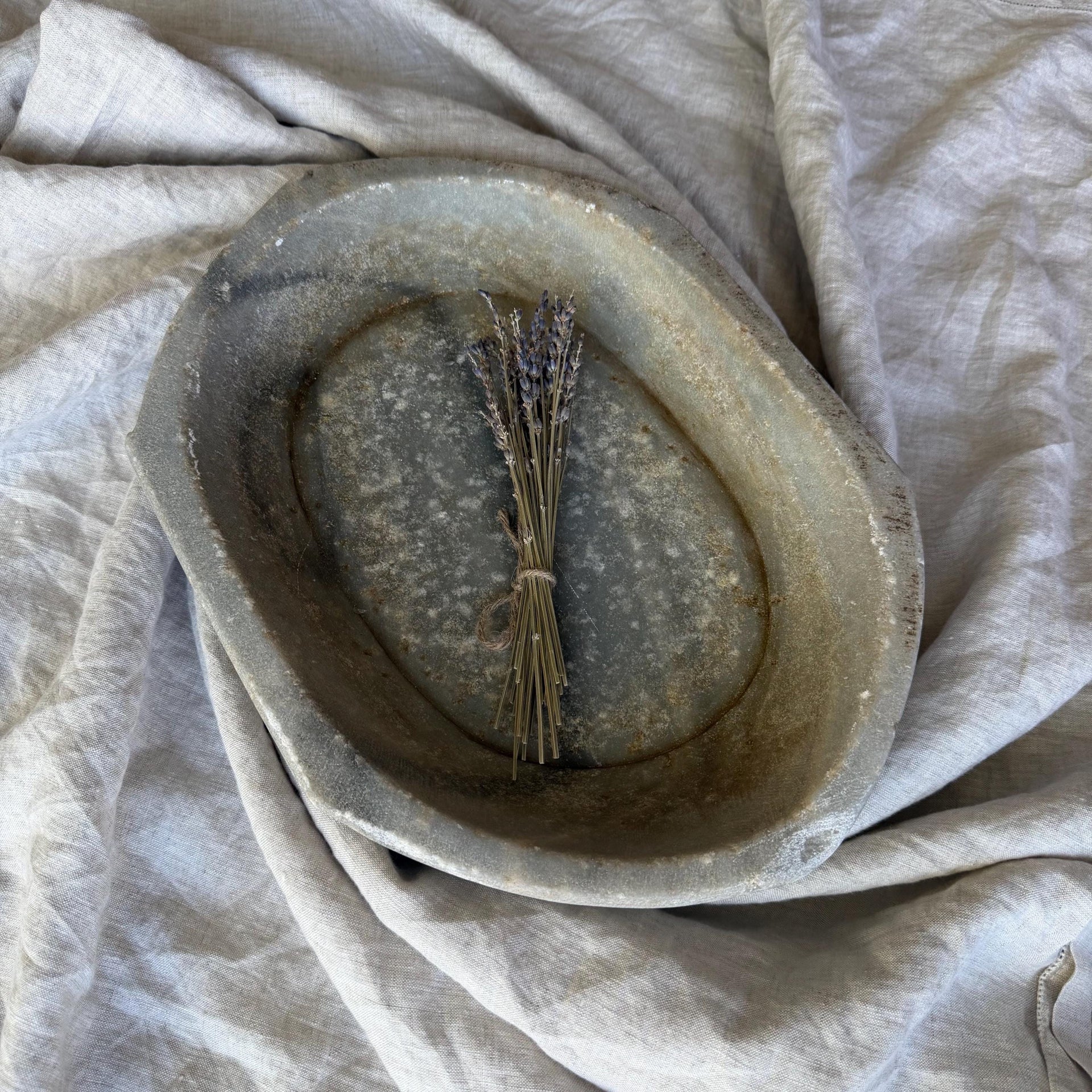 Vintage Marble Kharal Stone Tray, Antique Limestone Carved Oval Tray, Primitive Marble Centerpiece - Project Kalaā