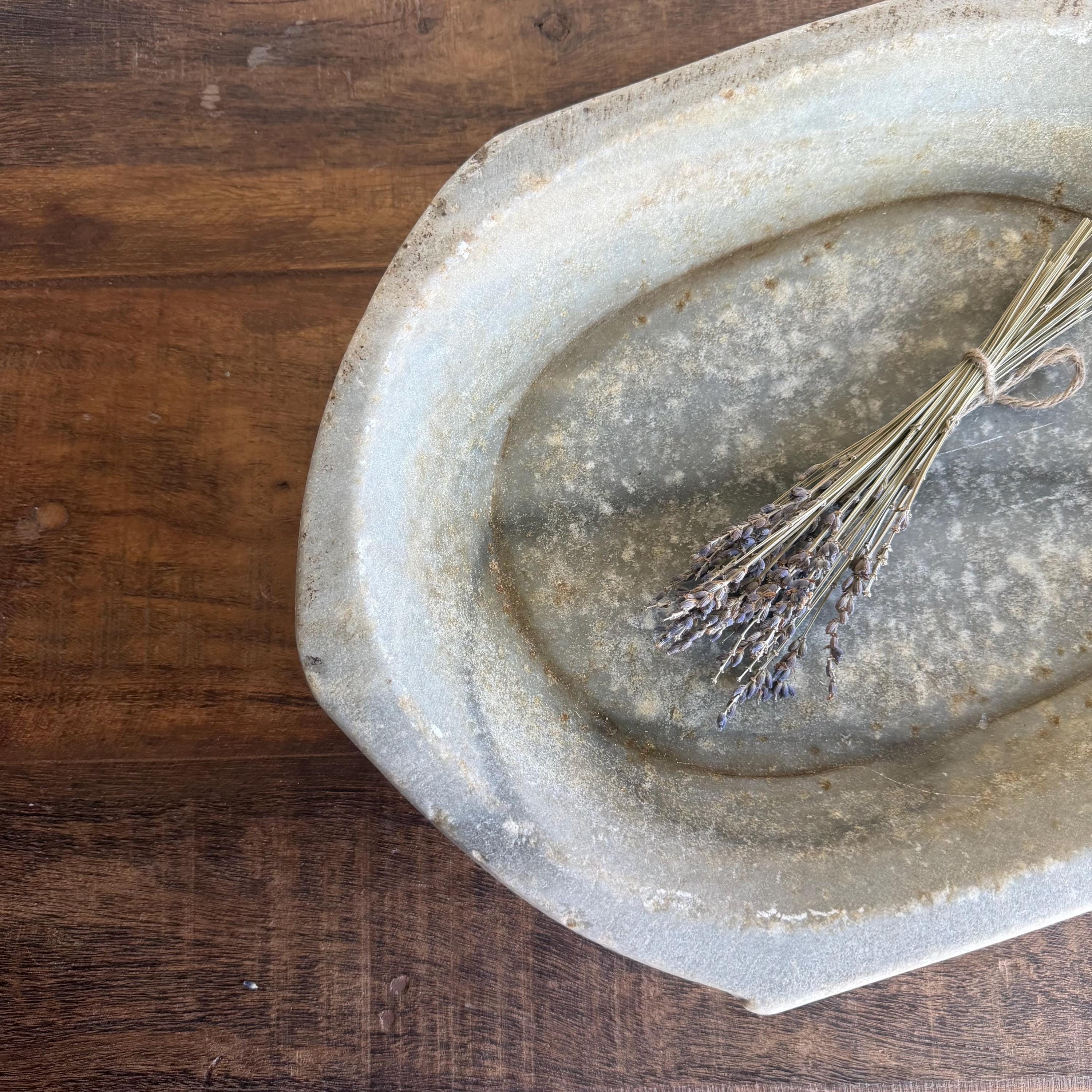 Vintage Marble Kharal Stone Tray, Antique Limestone Carved Oval Tray, Primitive Marble Centerpiece - Project Kalaā