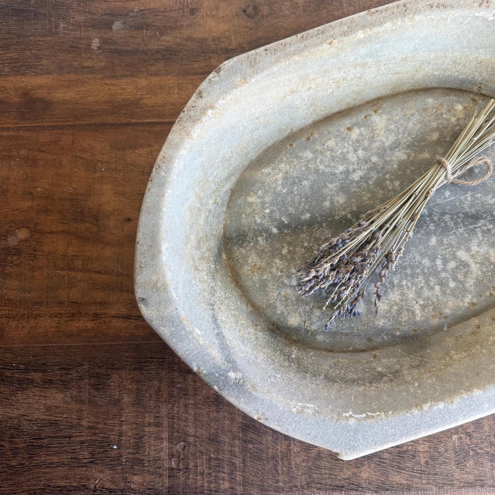 Vintage Marble Kharal Stone Tray, Antique Limestone Carved Oval Tray, Primitive Marble Centerpiece - Project Kalaā