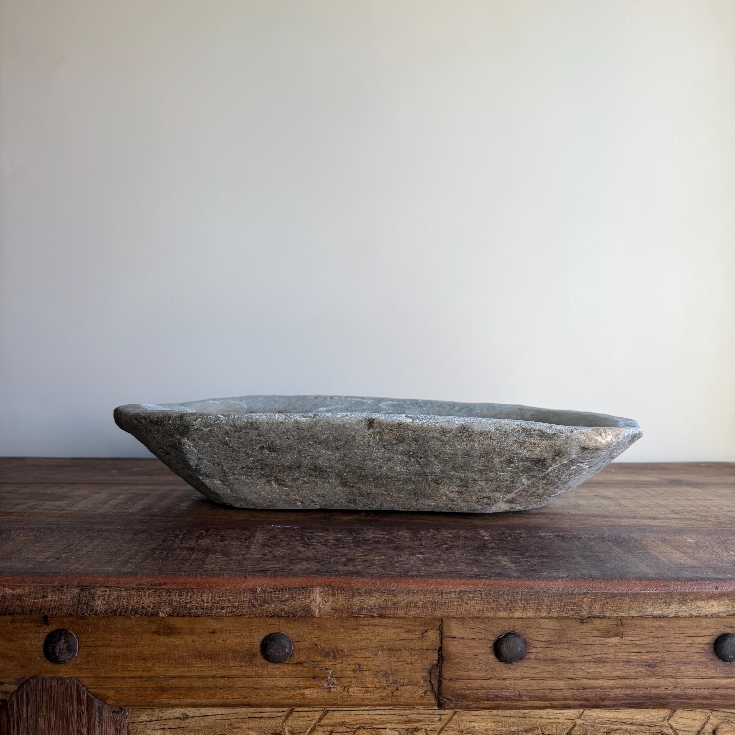 Vintage Marble Kharal Stone Tray, Antique Limestone Carved Oval Tray, Primitive Marble Centerpiece - Project Kalaā