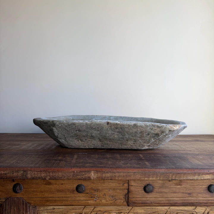 Vintage Marble Kharal Stone Tray, Antique Limestone Carved Oval Tray, Primitive Marble Centerpiece - Project Kalaā