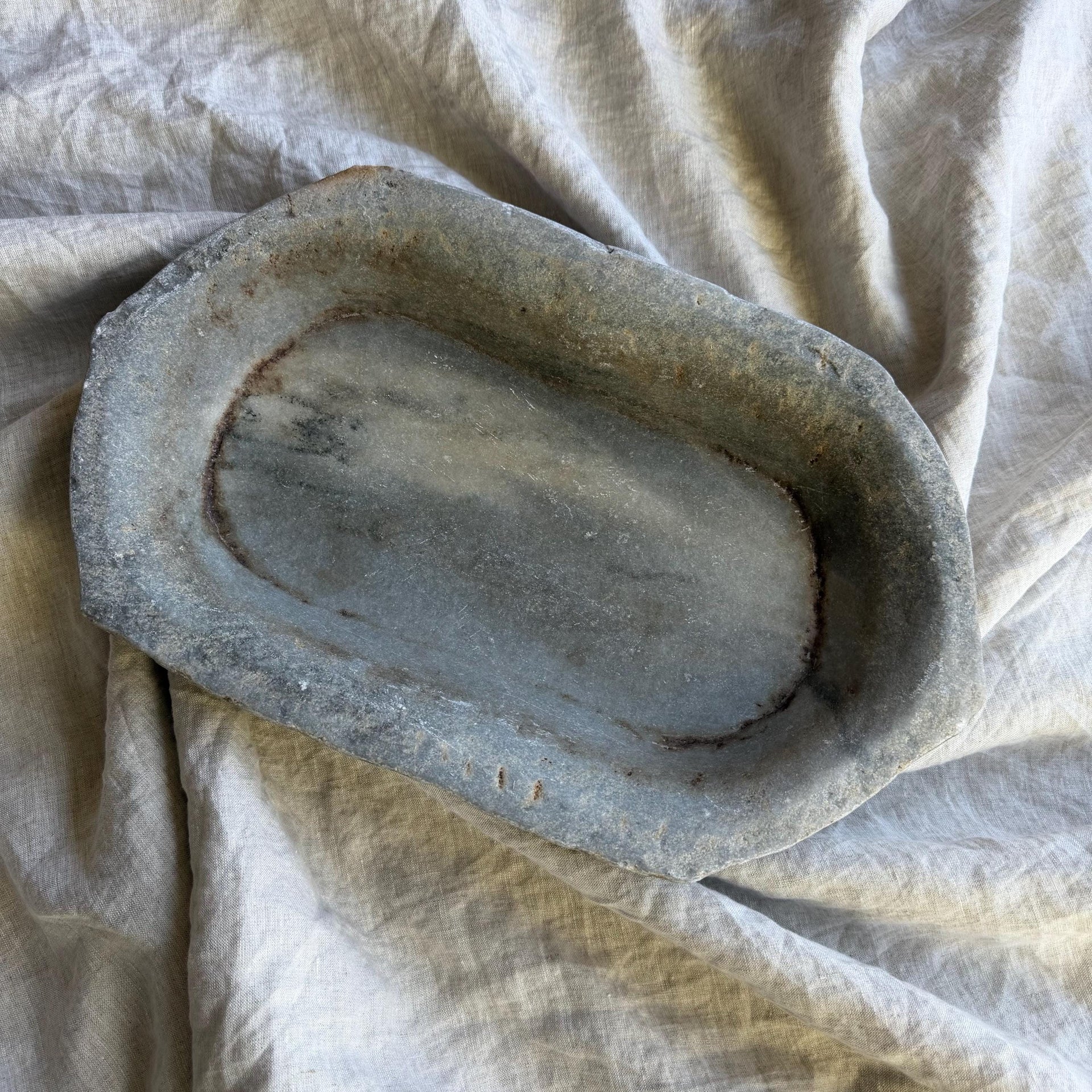 Vintage Marble Kharal Stone Tray, Antique Limestone Carved Oval Tray, Primitive Marble Centerpiece - Project Kalaā