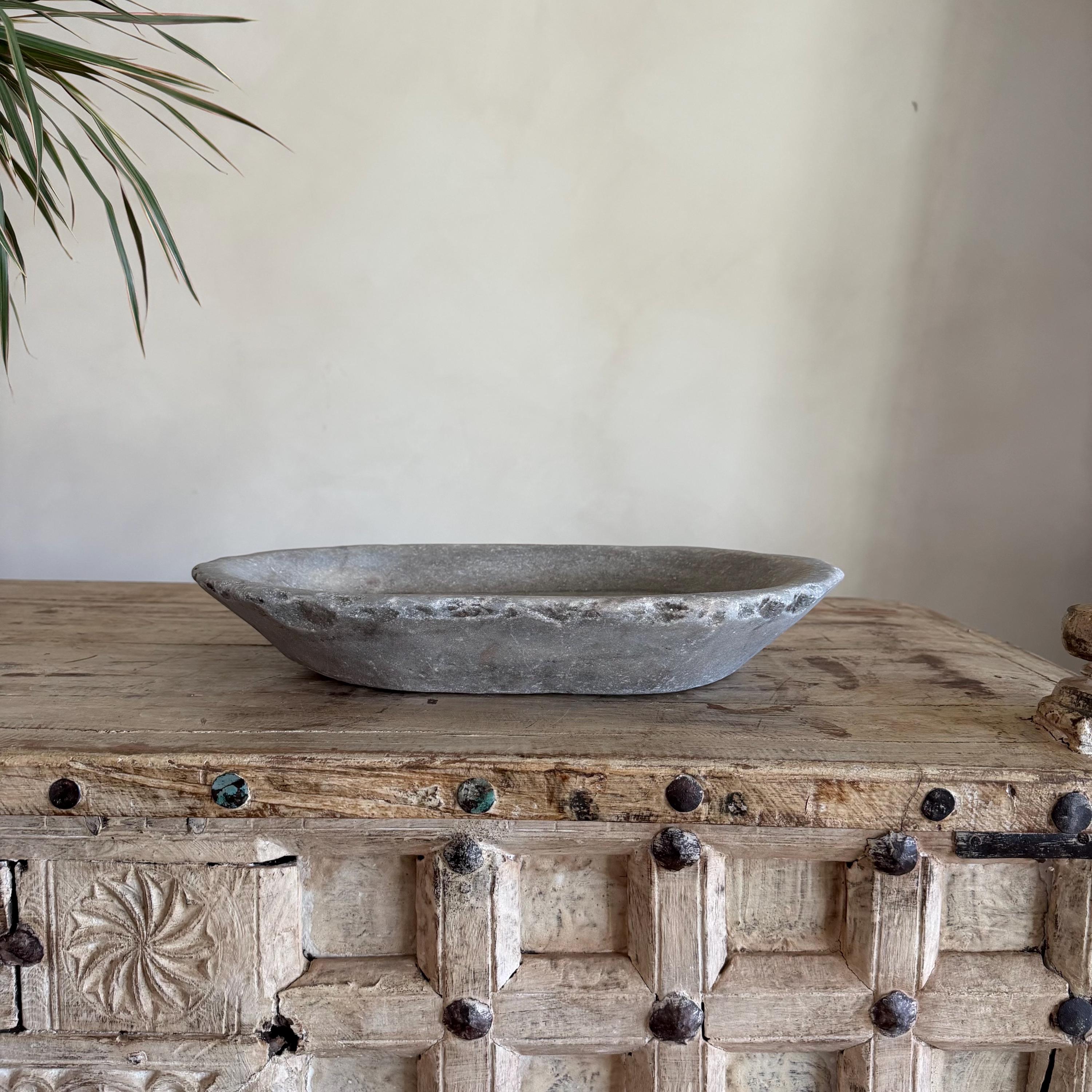 Vintage Marble Kharal Stone Tray, Antique Limestone Carved Oval Tray, Primitive Marble Centerpiece - Project Kalaā
