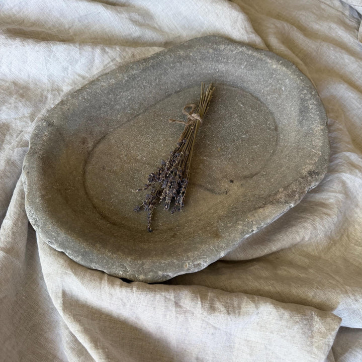 Vintage Marble Kharal Stone Tray, Antique Limestone Carved Oval Tray, Primitive Marble Centerpiece - Project Kalaā