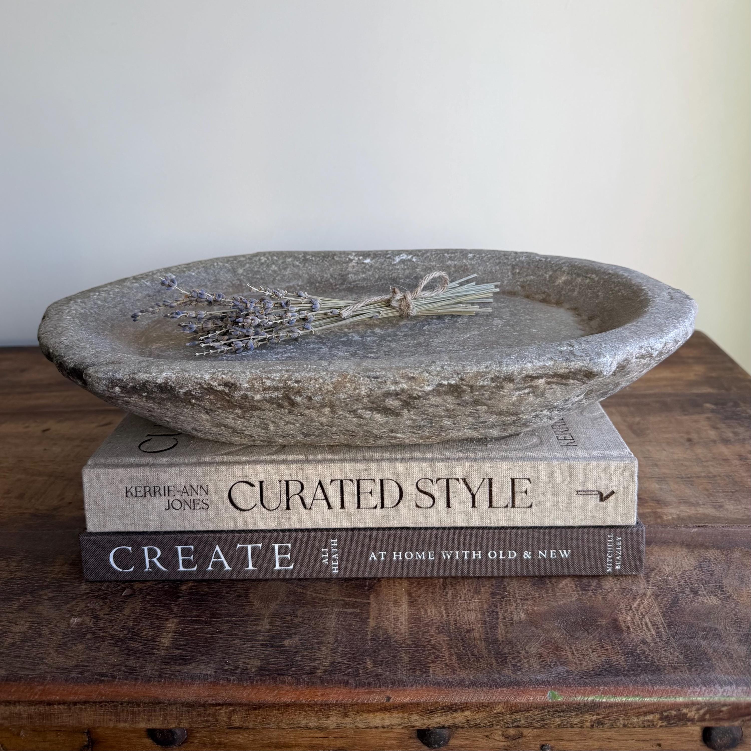 Vintage Marble Kharal Stone Tray, Antique Limestone Carved Oval Tray, Primitive Marble Centerpiece - Project Kalaā