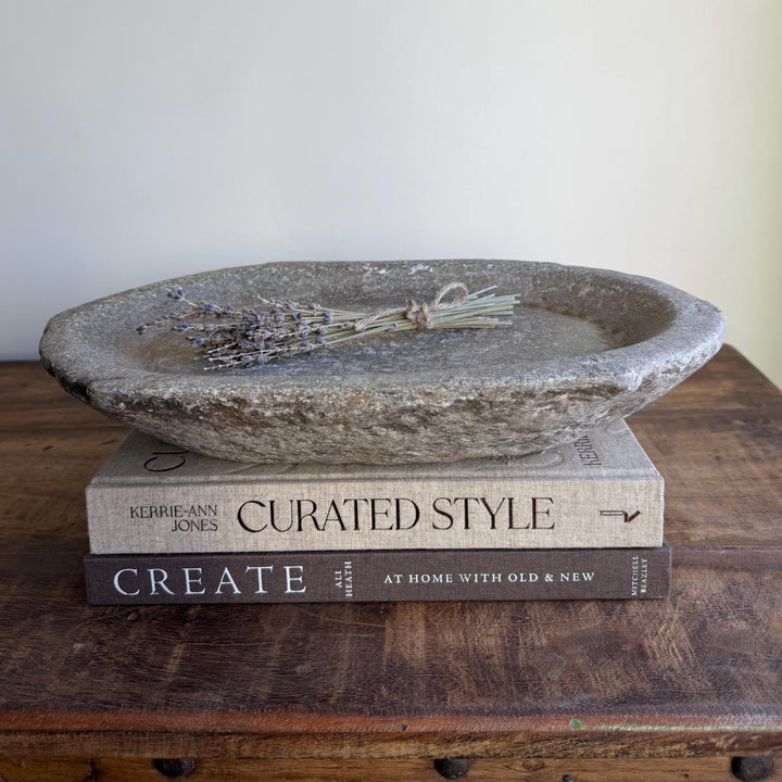 Vintage Marble Kharal Stone Tray, Antique Limestone Carved Oval Tray, Primitive Marble Centerpiece - Project Kalaā