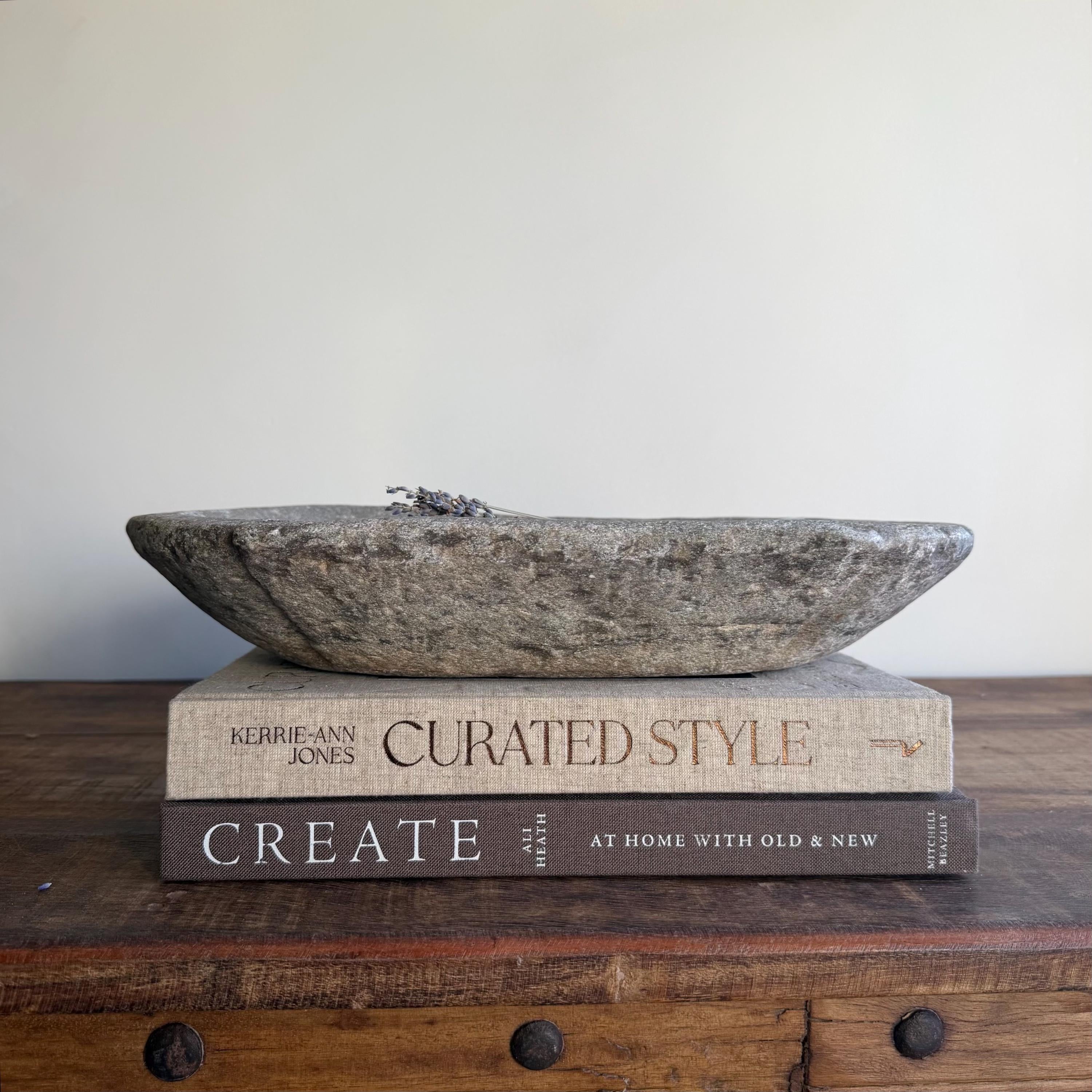 Vintage Marble Kharal Stone Tray, Antique Limestone Carved Oval Tray, Primitive Marble Centerpiece - Project Kalaā