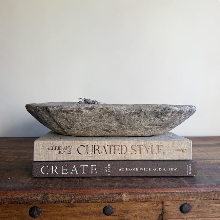Vintage Marble Kharal Stone Tray, Antique Limestone Carved Oval Tray, Primitive Marble Centerpiece - Project Kalaā