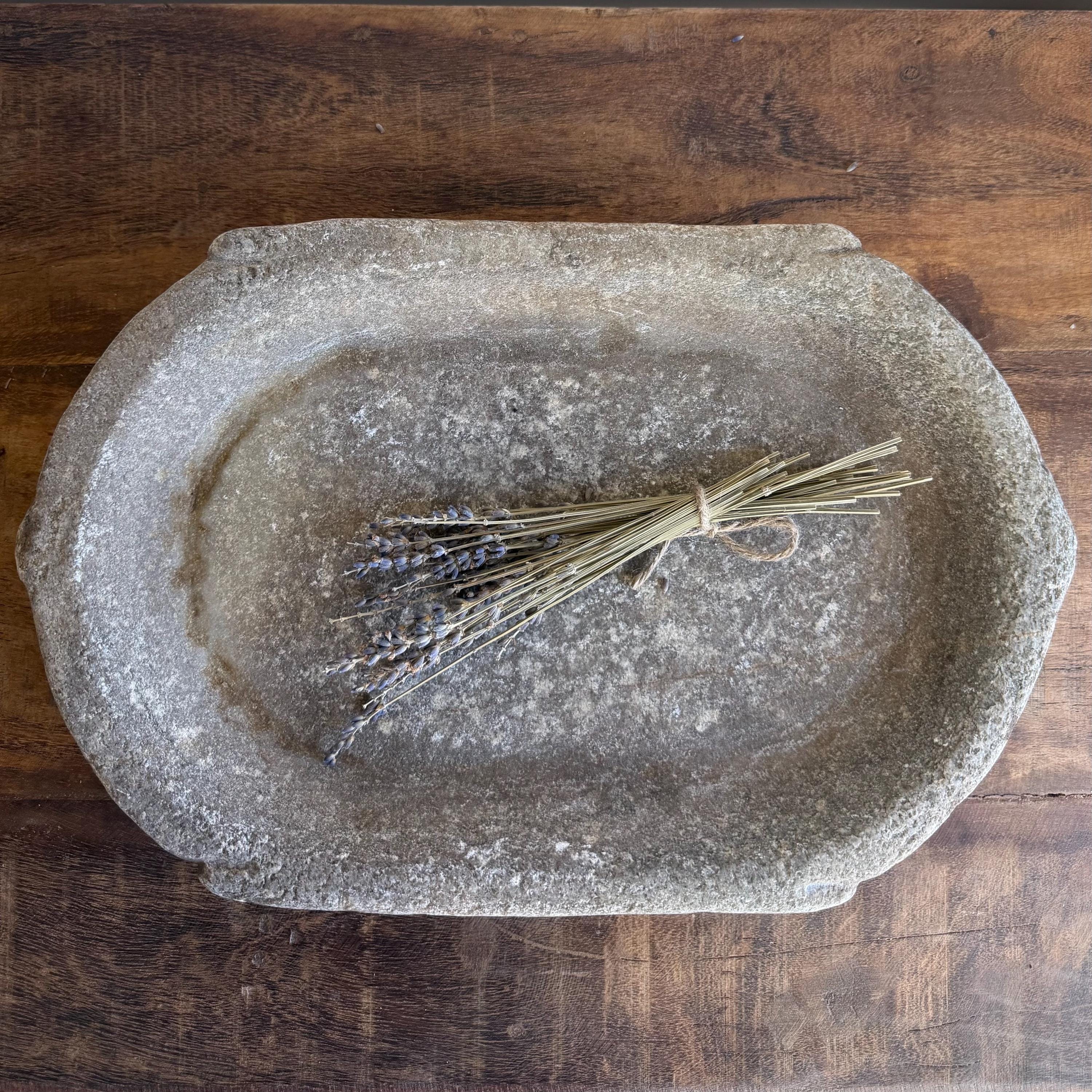 Vintage Marble Kharal Stone Tray, Antique Limestone Carved Oval Tray, Primitive Marble Centerpiece - Project Kalaā