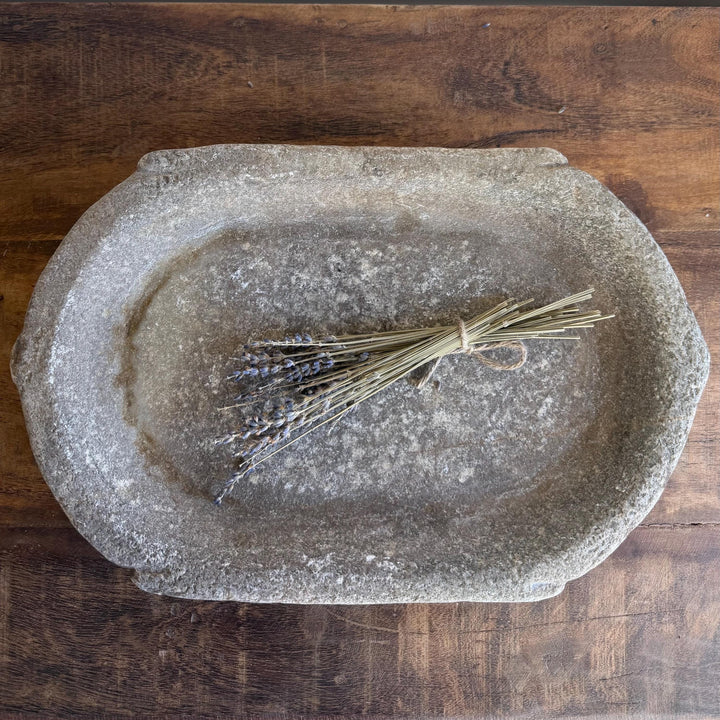 Vintage Marble Kharal Stone Tray, Antique Limestone Carved Oval Tray, Primitive Marble Centerpiece - Project Kalaā