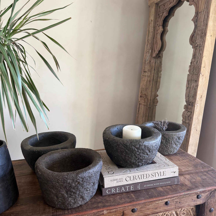 Antique Heavy Stone Mortar Planter | Vintage Hand-Carved Limestone Bowl