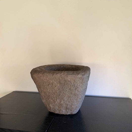 Antique Heavy Stone Mortar Planter | Vintage Hand-Carved Limestone Bowl