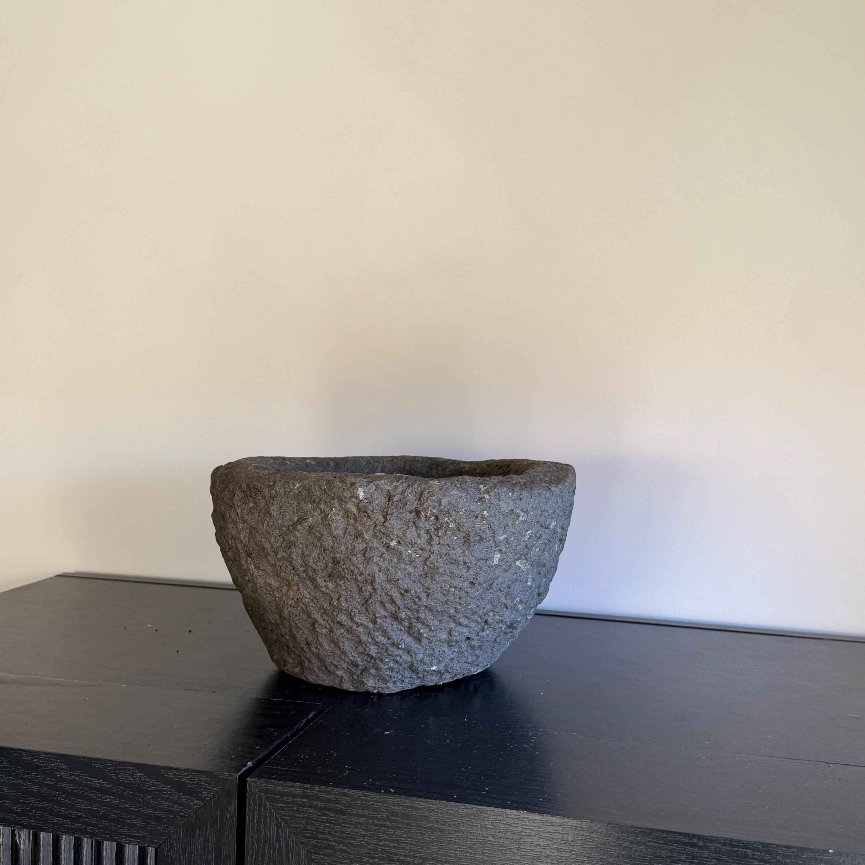 Antique Heavy Stone Mortar Planter | Vintage Hand-Carved Limestone Bowl