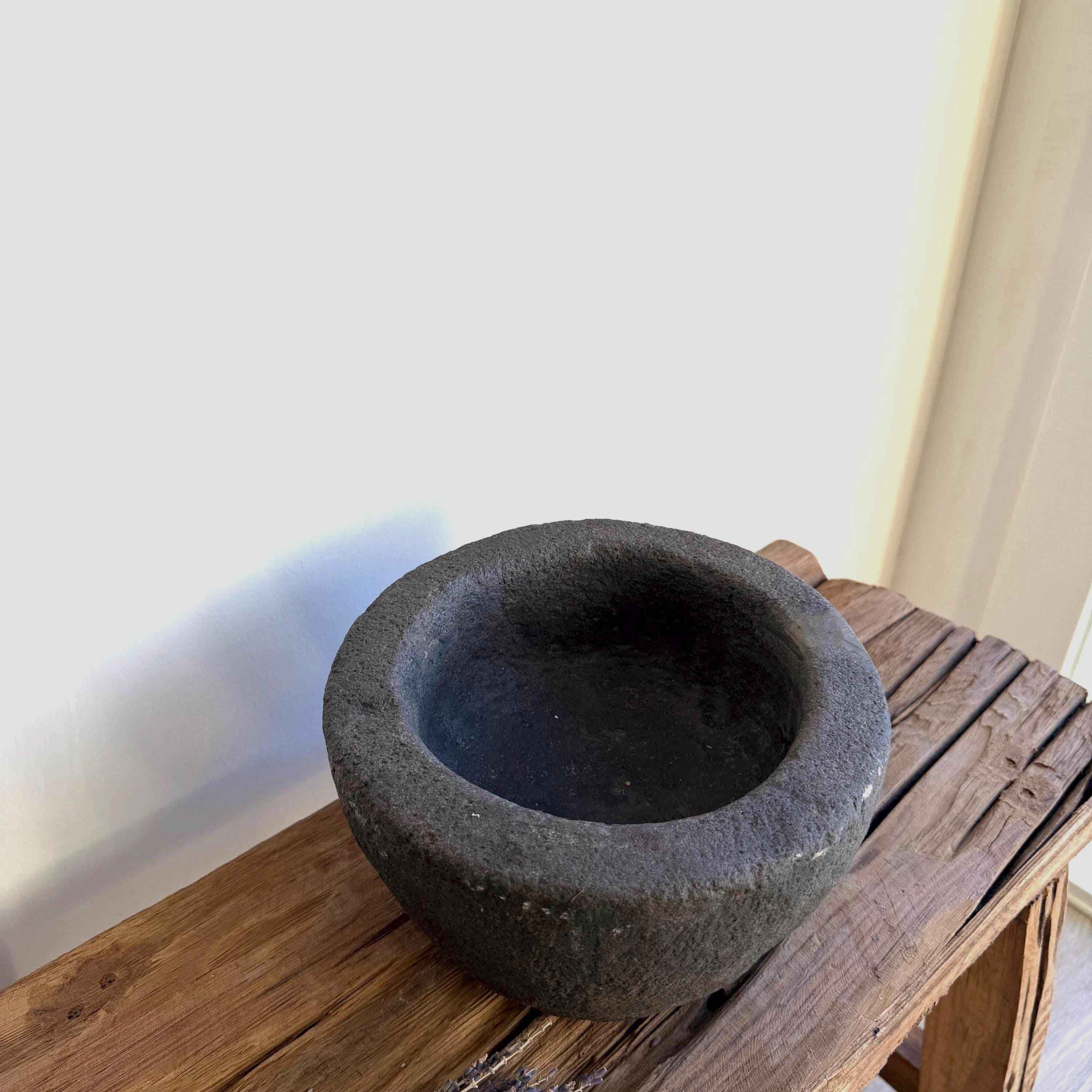 Antique Heavy Stone Mortar Planter | Vintage Hand-Carved Limestone Bowl