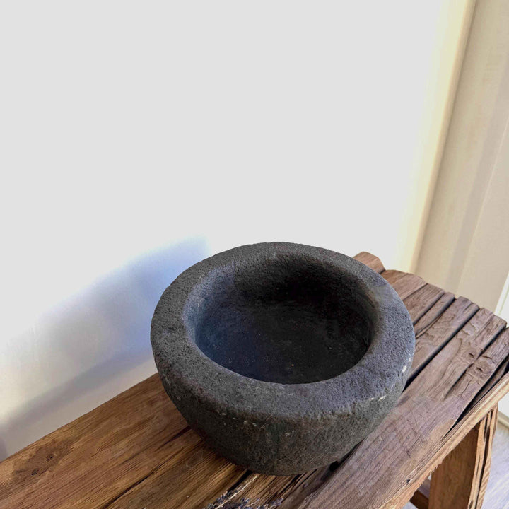 Antique Heavy Stone Mortar Planter | Vintage Hand-Carved Limestone Bowl