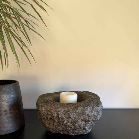 Antique Heavy Stone Mortar Planter | Vintage Hand-Carved Limestone Bowl