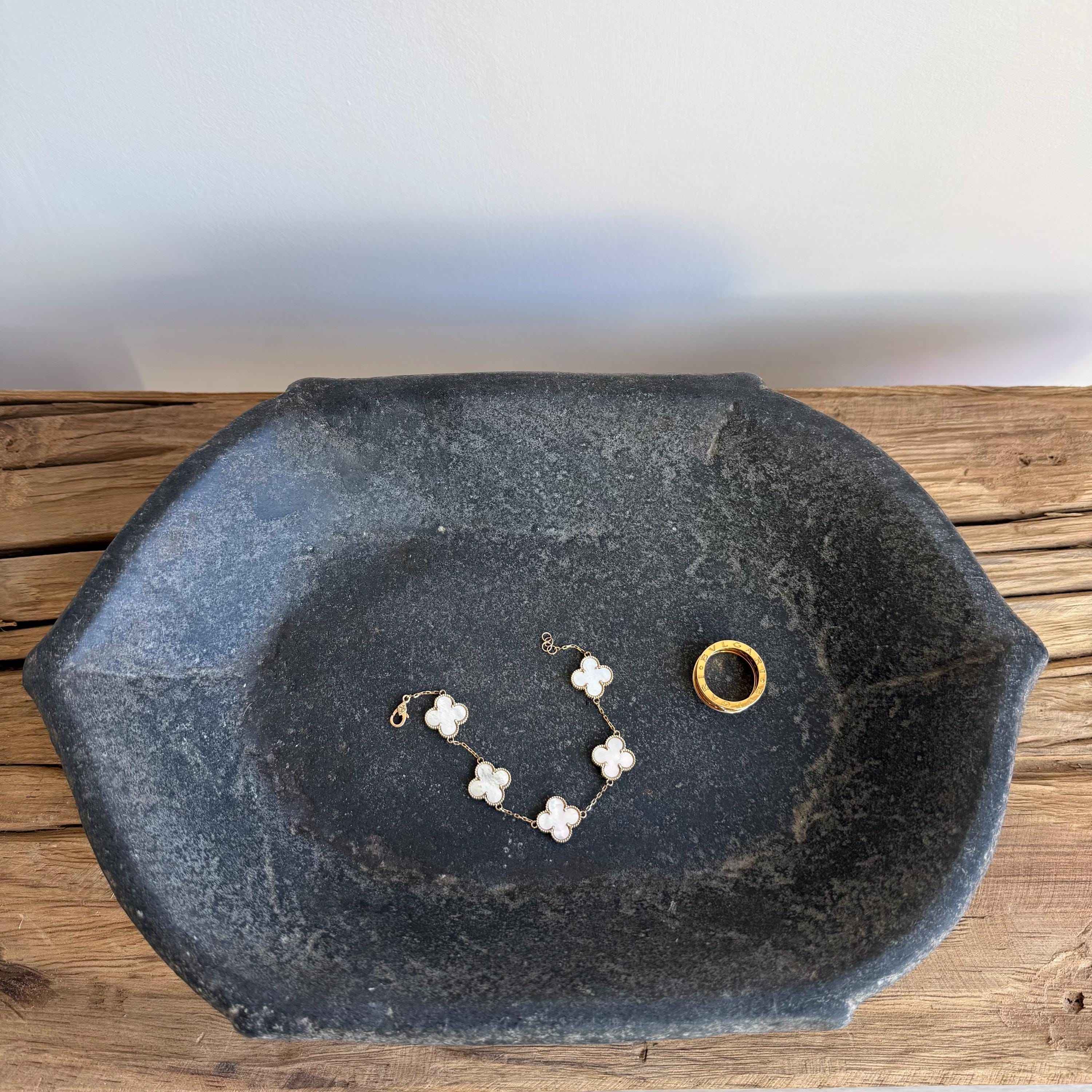 Vintage Marble Kharal 12.5" Stone Tray, Antique Limestone Carved Oval Tray, Primitive Stone Centerpiece