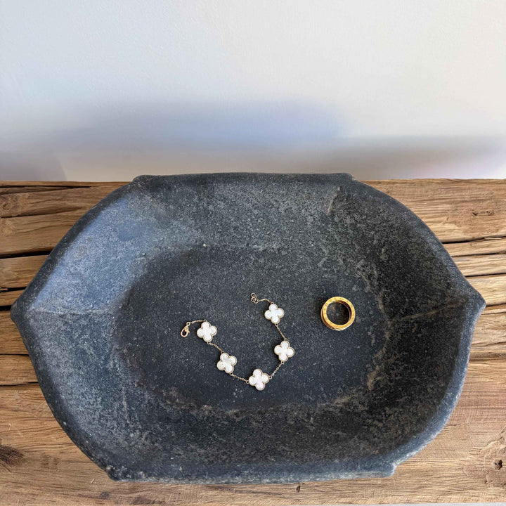 Vintage Marble Kharal 12.5" Stone Tray, Antique Limestone Carved Oval Tray, Primitive Stone Centerpiece