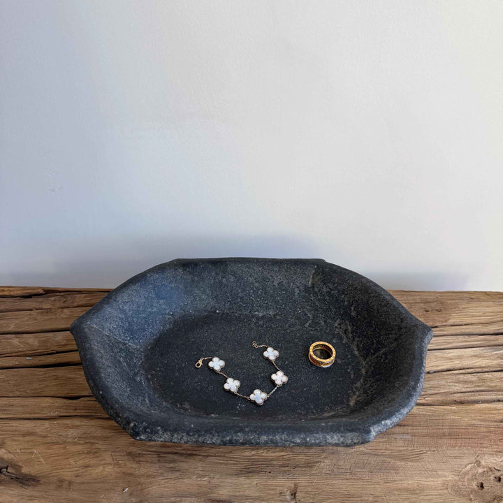 Vintage Marble Kharal 12.5" Stone Tray, Antique Limestone Carved Oval Tray, Primitive Stone Centerpiece