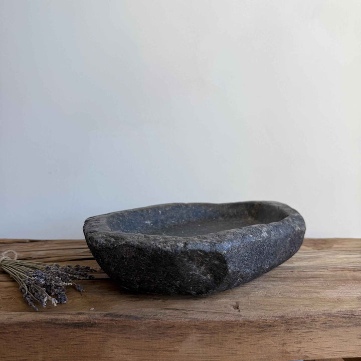 Vintage Marble Kharal 12.5" Stone Tray, Antique Limestone Carved Oval Tray, Primitive Stone Centerpiece