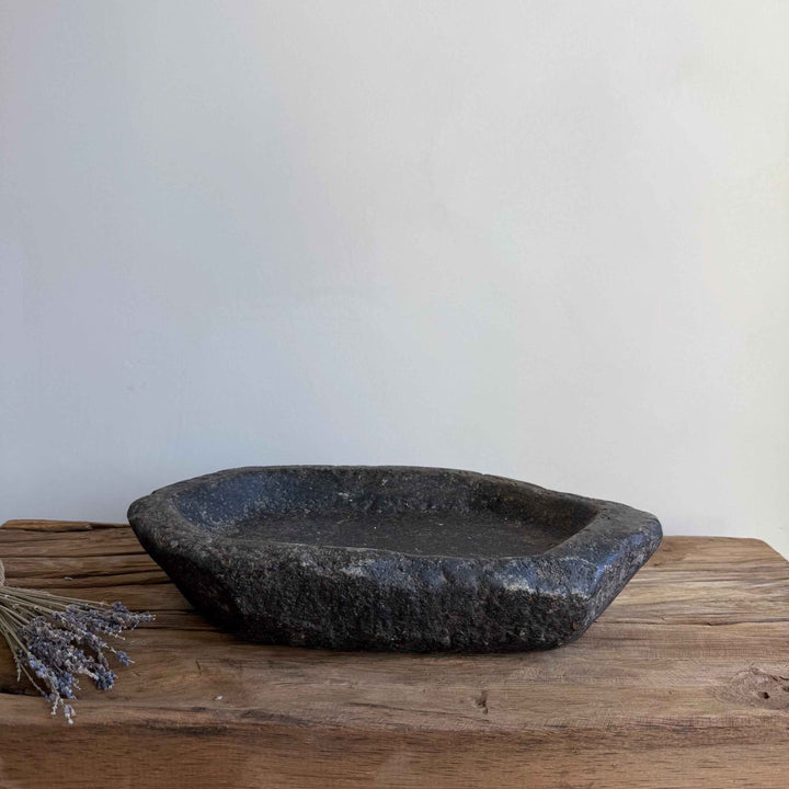 Vintage Marble Kharal 12.5" Stone Tray, Antique Limestone Carved Oval Tray, Primitive Stone Centerpiece