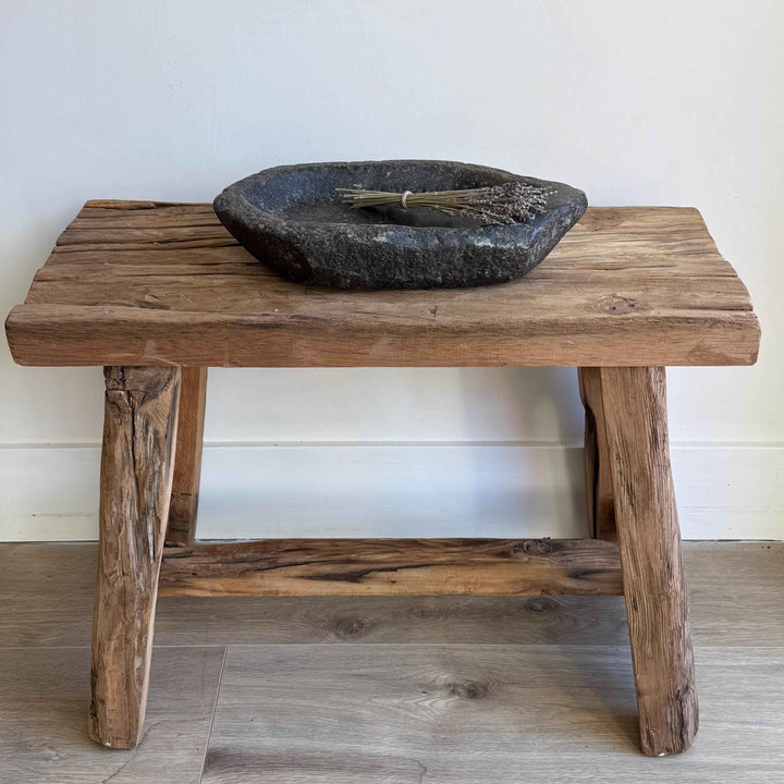 Vintage Marble Kharal 12.5" Stone Tray, Antique Limestone Carved Oval Tray, Primitive Stone Centerpiece