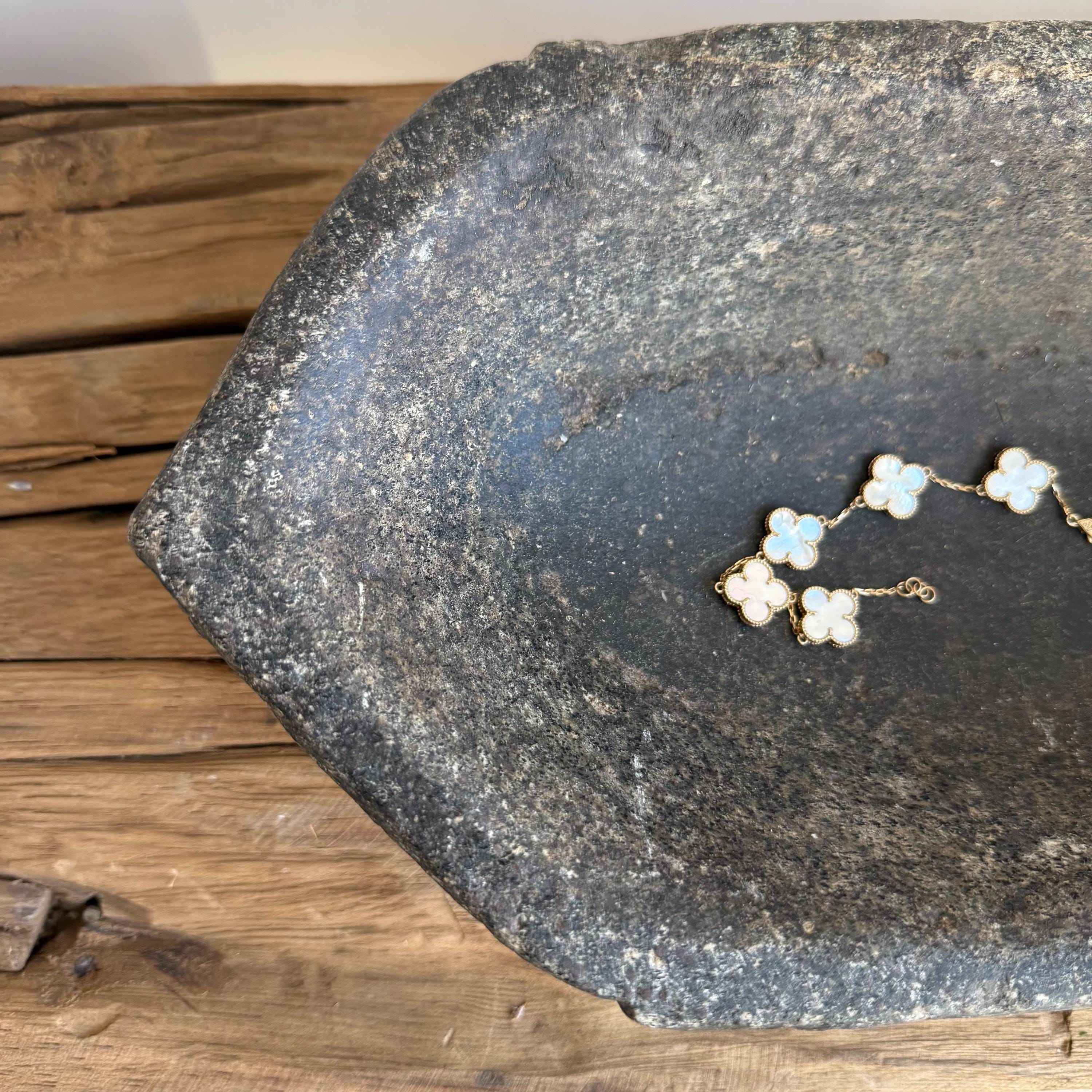 Vintage Marble Kharal 12" Stone Tray, Antique Limestone Carved Oval Tray, Primitive Stone Centerpiece