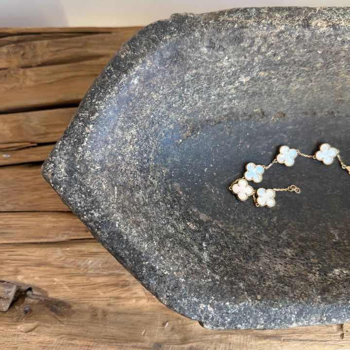 Vintage Marble Kharal 12" Stone Tray, Antique Limestone Carved Oval Tray, Primitive Stone Centerpiece
