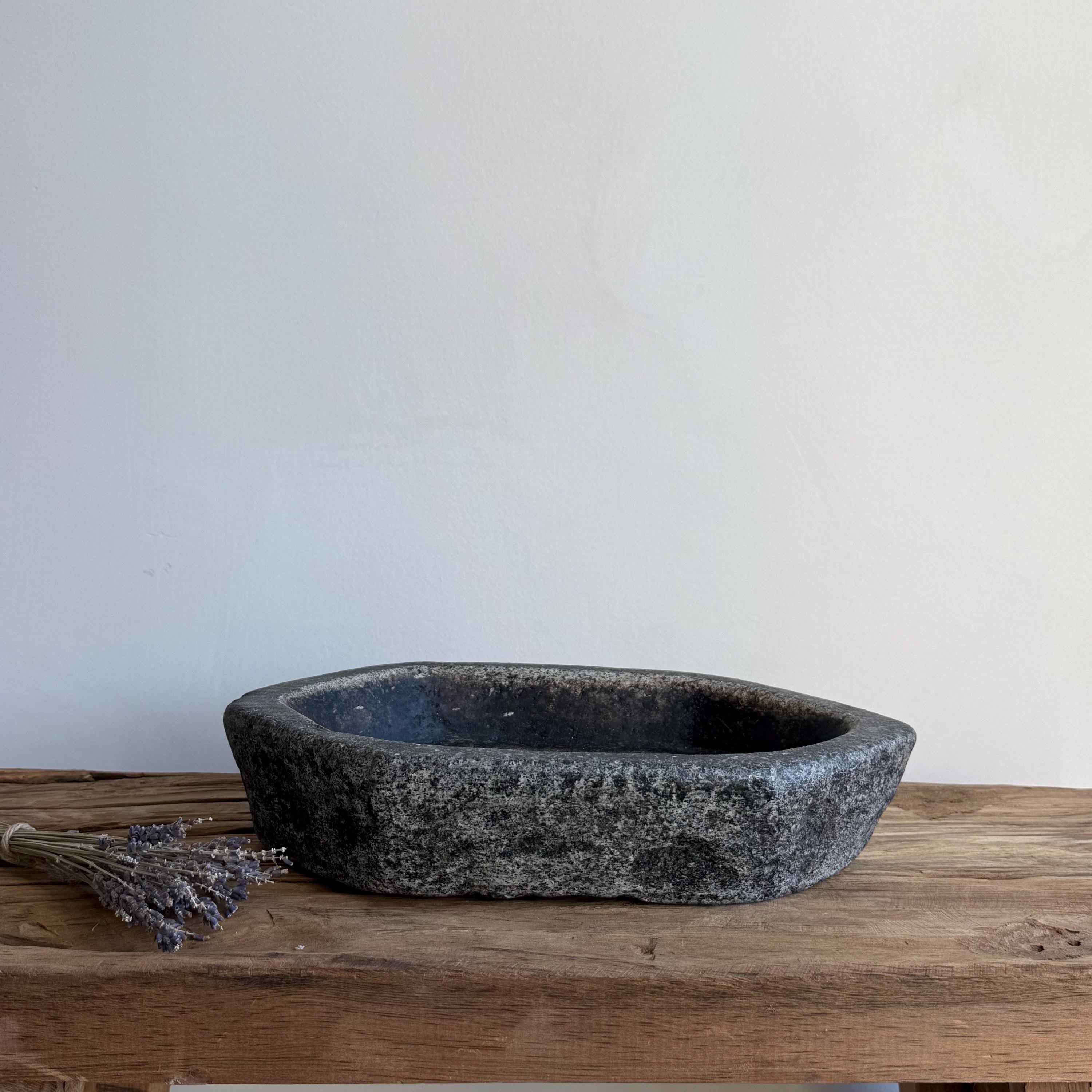 Vintage Marble Kharal 12" Stone Tray, Antique Limestone Carved Oval Tray, Primitive Stone Centerpiece