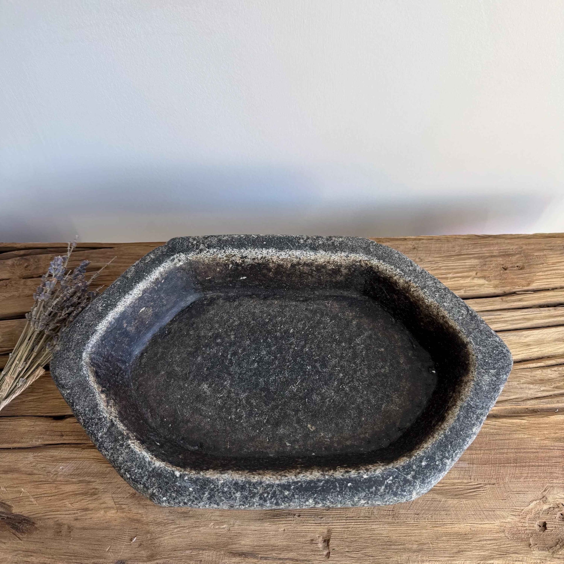 Vintage Marble Kharal 12" Stone Tray, Antique Limestone Carved Oval Tray, Primitive Stone Centerpiece