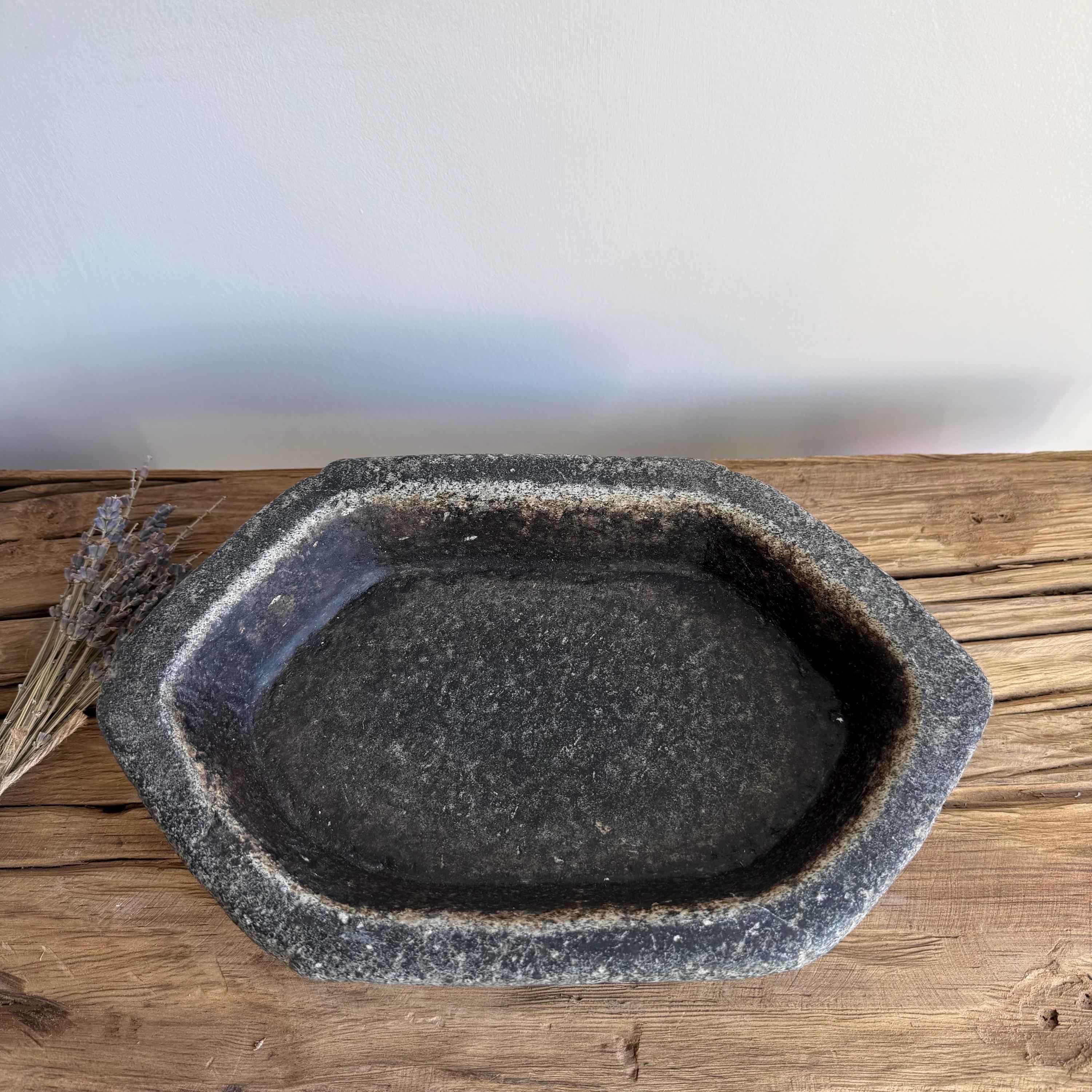 Vintage Marble Kharal 12" Stone Tray, Antique Limestone Carved Oval Tray, Primitive Stone Centerpiece