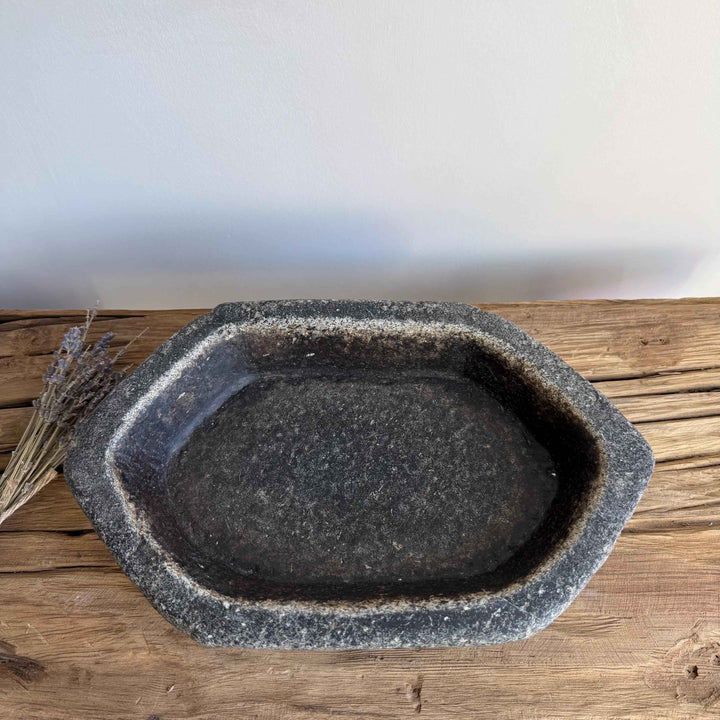 Vintage Marble Kharal 12" Stone Tray, Antique Limestone Carved Oval Tray, Primitive Stone Centerpiece