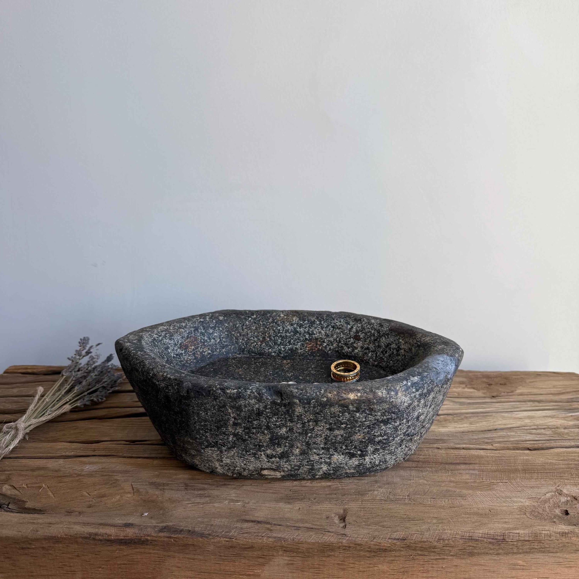 Vintage Marble Kharal 10.5" Stone Tray, Antique Limestone Carved Oval Tray, Primitive Stone Centerpiece