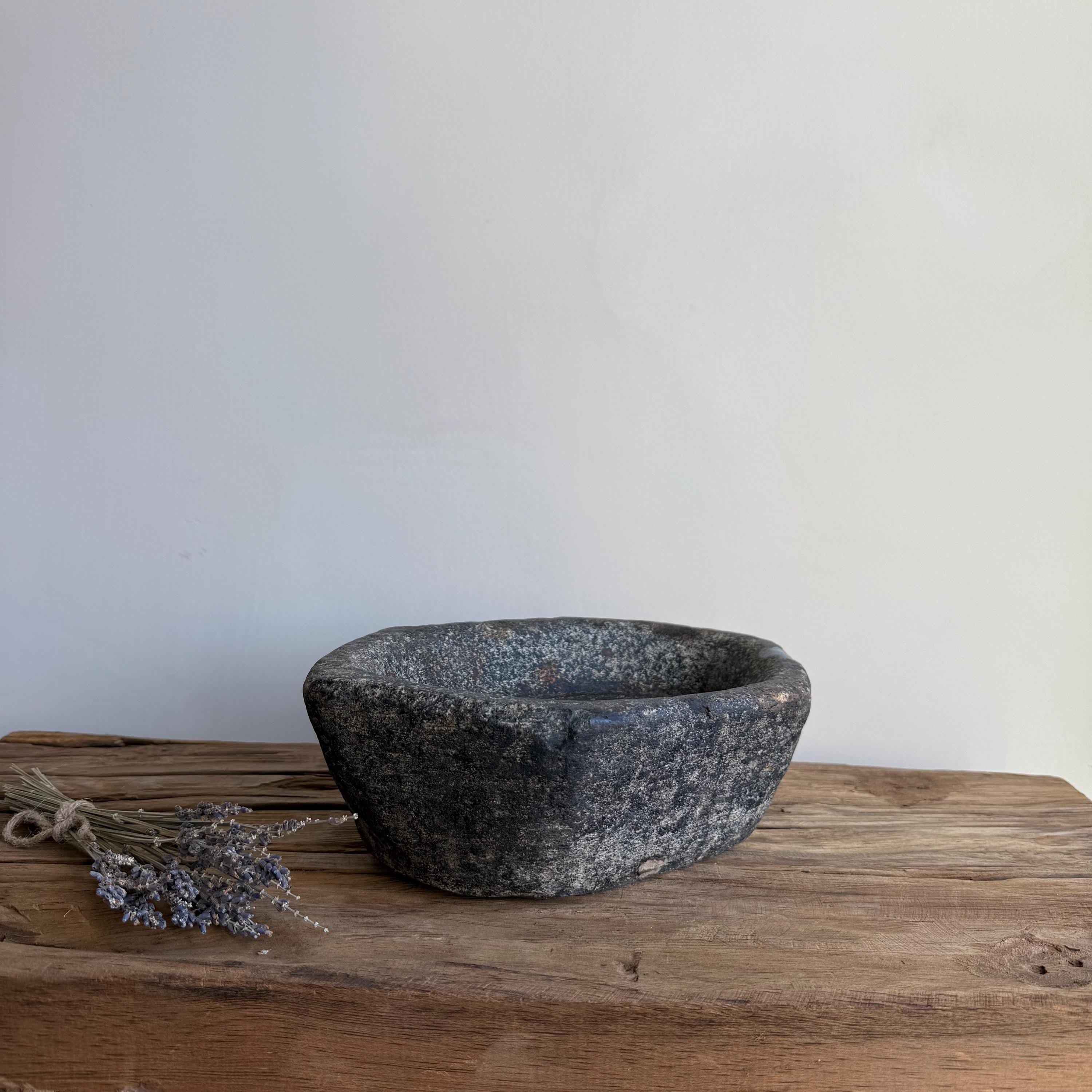 Vintage Marble Kharal 10.5" Stone Tray, Antique Limestone Carved Oval Tray, Primitive Stone Centerpiece