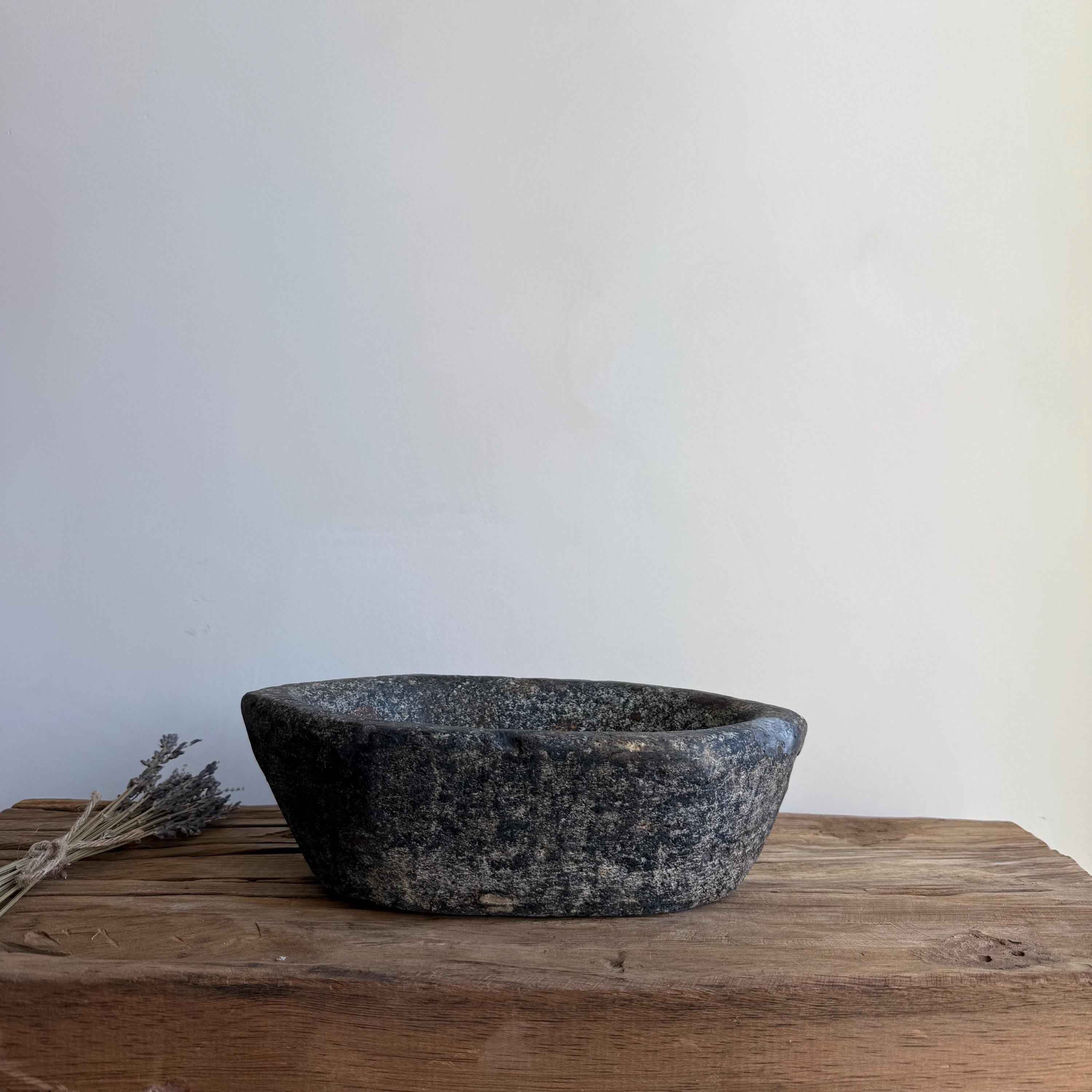 Vintage Marble Kharal 10.5" Stone Tray, Antique Limestone Carved Oval Tray, Primitive Stone Centerpiece