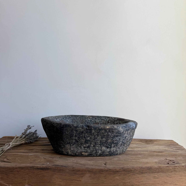 Vintage Marble Kharal 10.5" Stone Tray, Antique Limestone Carved Oval Tray, Primitive Stone Centerpiece