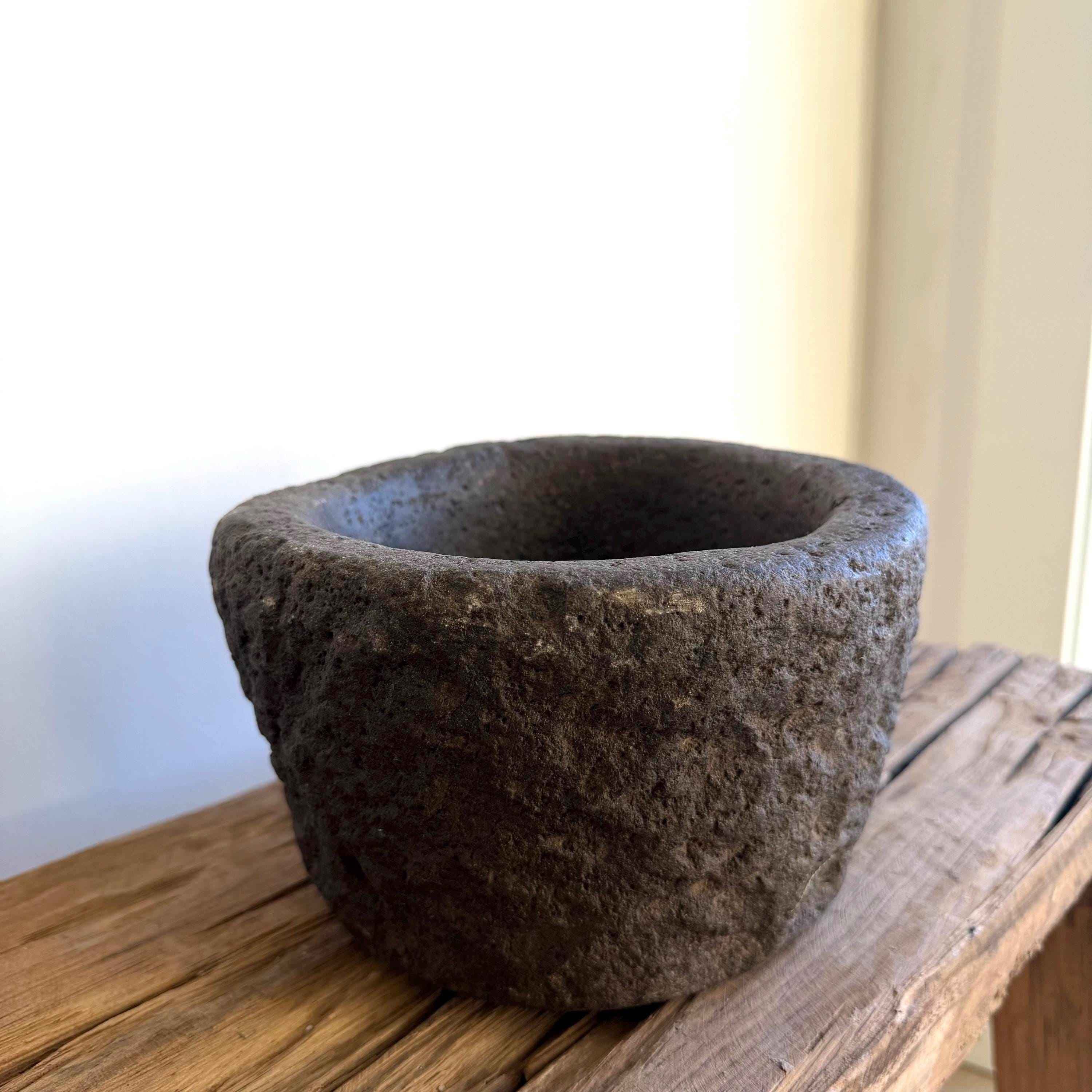 Antique Heavy Stone Mortar Planter | Vintage Hand-Carved Limestone Bowl