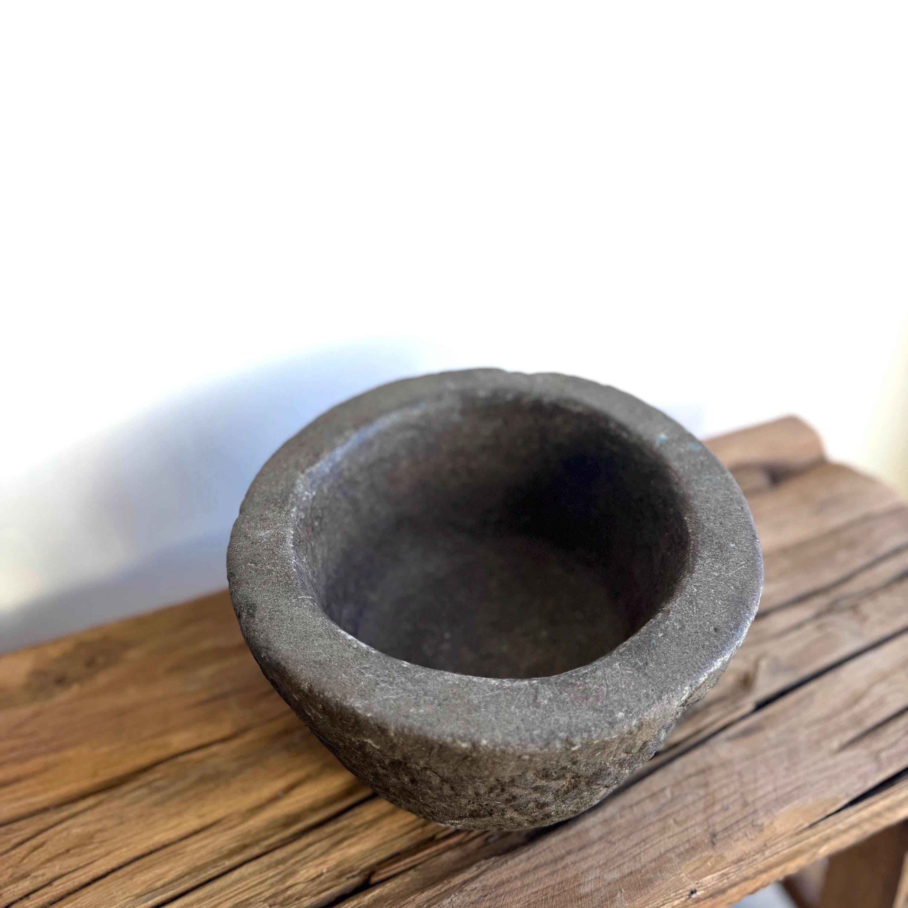 Antique Heavy Stone Mortar Planter | Vintage Hand-Carved Limestone Bowl
