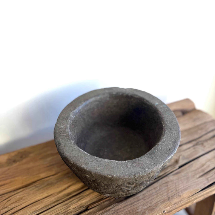 Antique Heavy Stone Mortar Planter | Vintage Hand-Carved Limestone Bowl